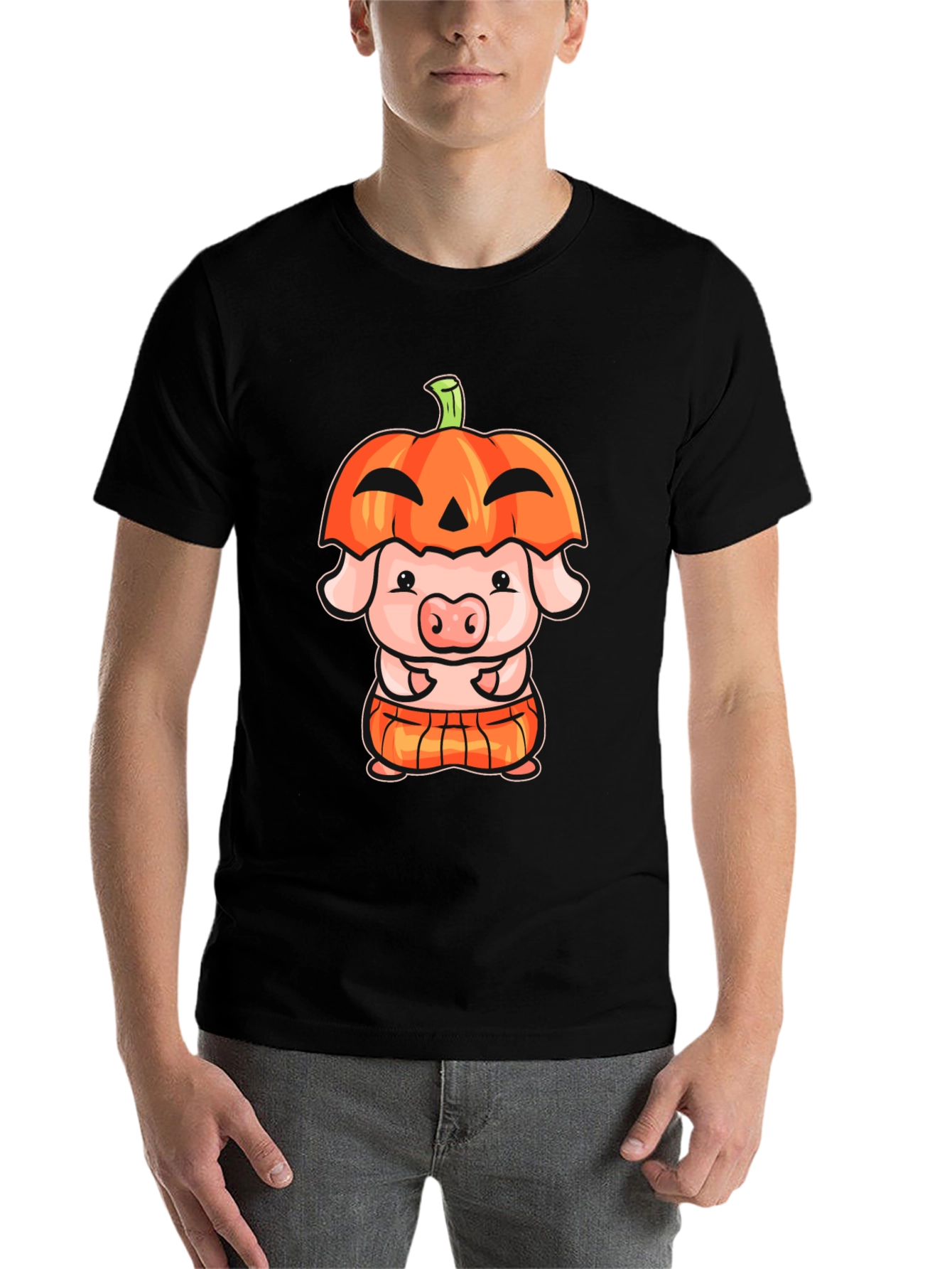 Black Cute Pig in Pumpkin Costume Graphic T-Shirt view 7