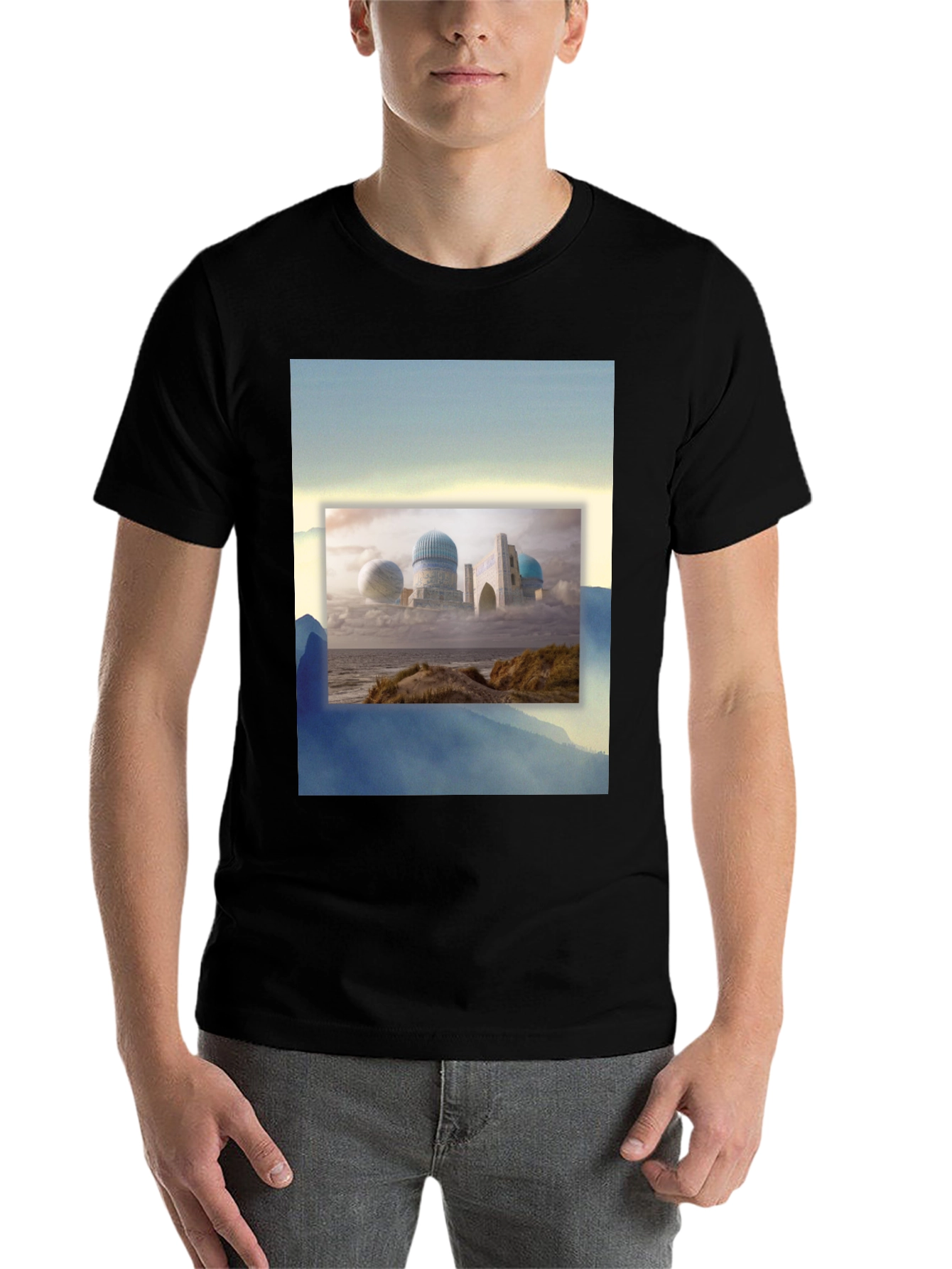 Black Dreamscape Tee: Unique Graphic Print, Soft Cotton Blend view 7