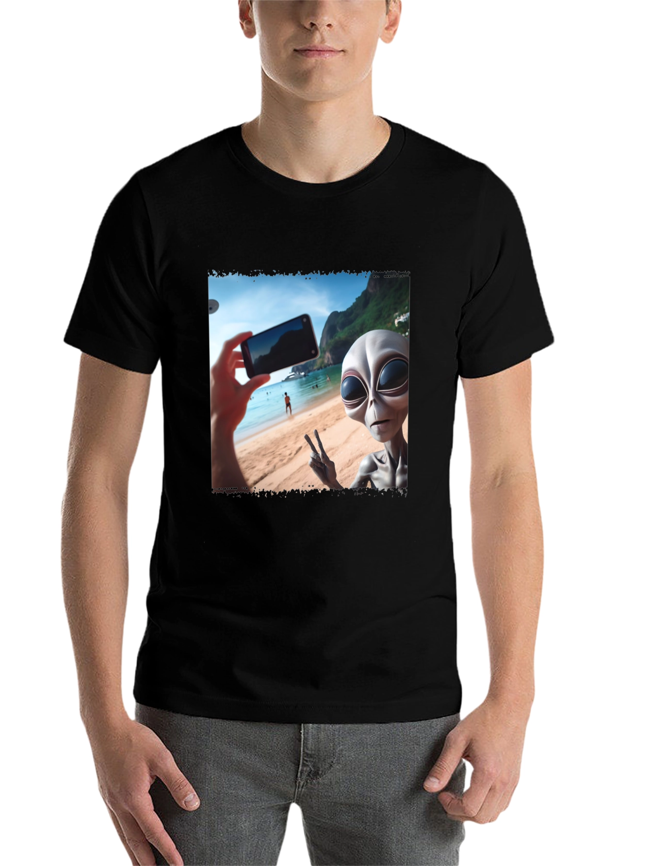 Black Alien Selfie T-Shirt - Beach Vacation view 7