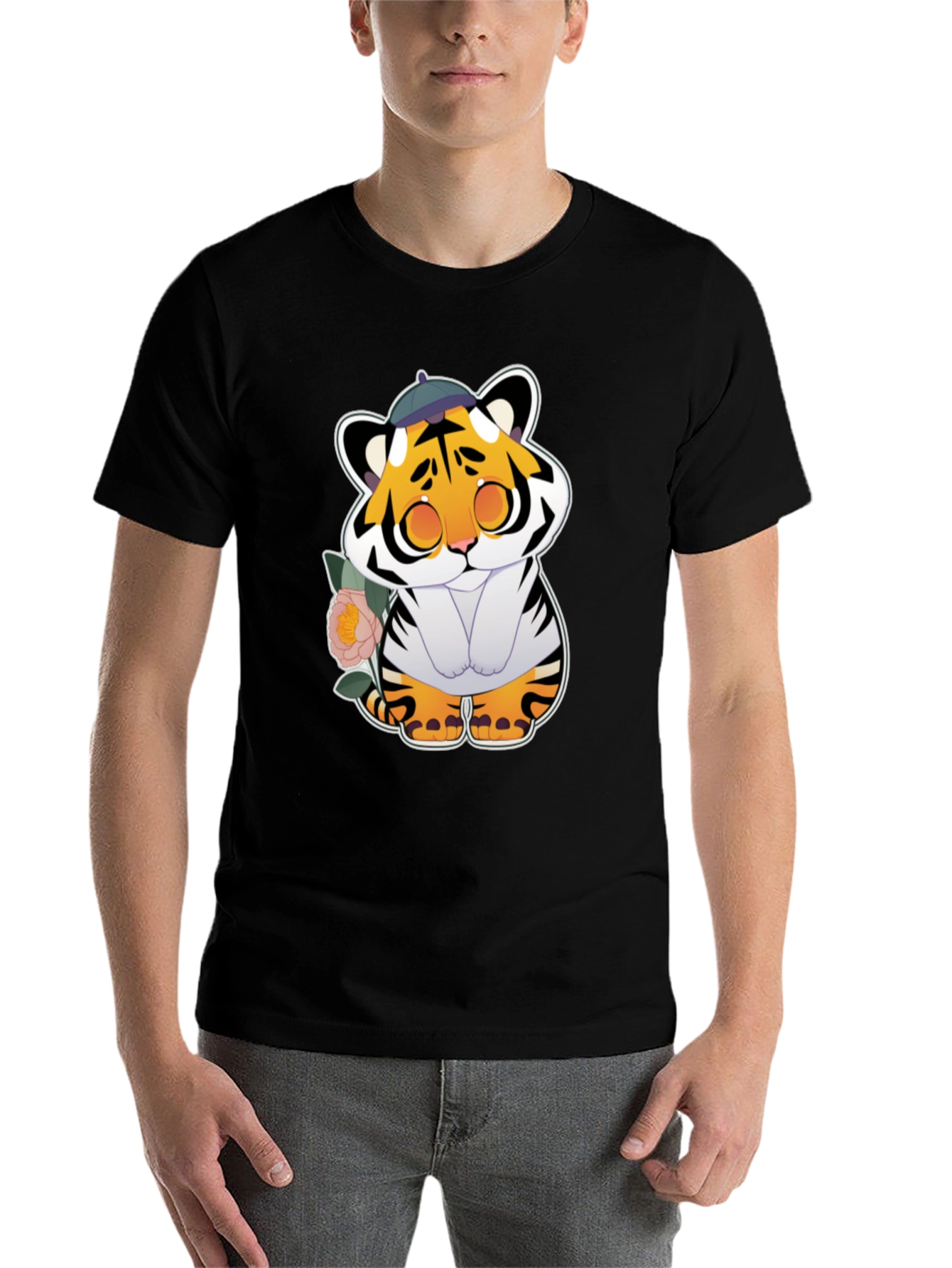 Black Cute Tiger Graphic Tee - Unisex Black T-Shirt view 7