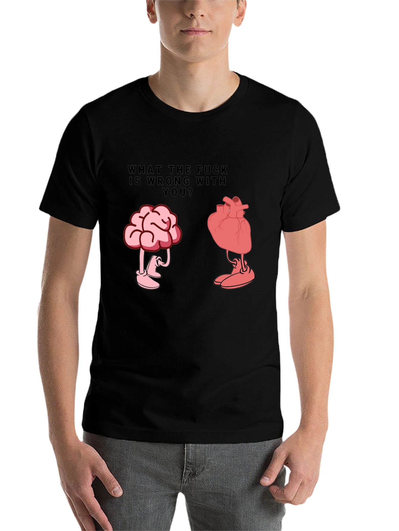 Black WTF Wrong With You Brain and Heart T-Shirt view 7