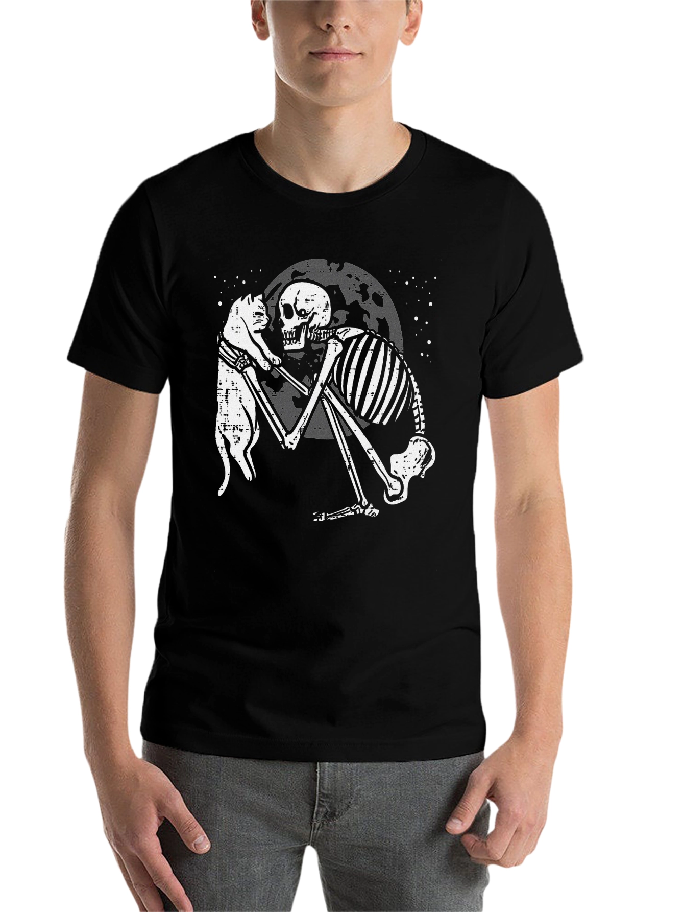 Black Skeleton and Cat Graphic T-Shirt - Dark Humor Tee view 7
