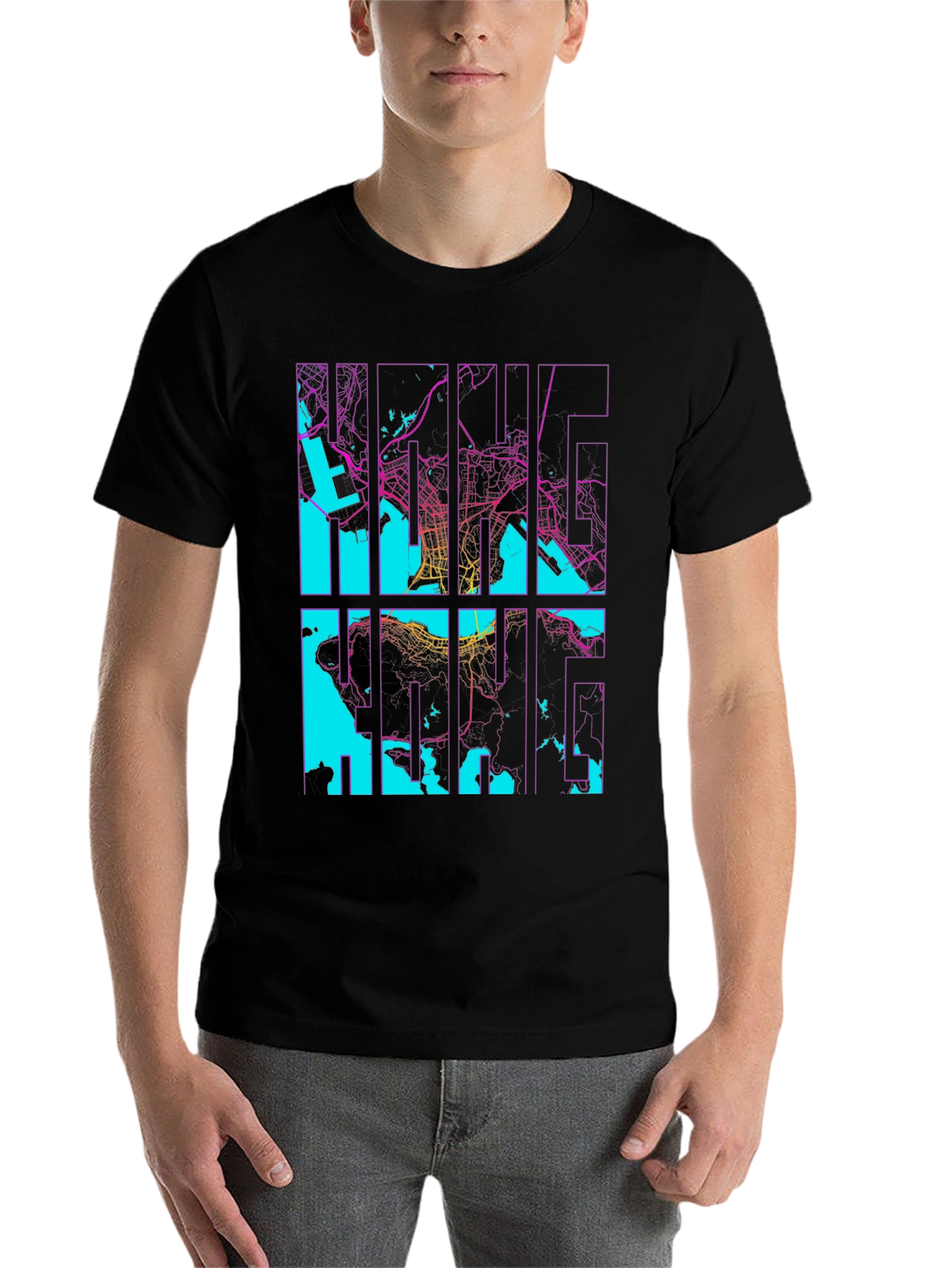 Black Hong Kong Map Graphic Tee - Stylish Cityscape T-Shirt view 7