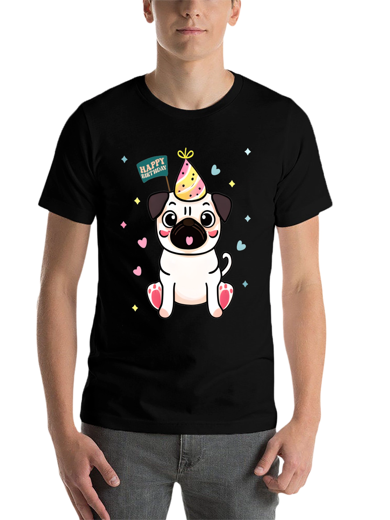Black Cute Pug Birthday T-Shirt view 7