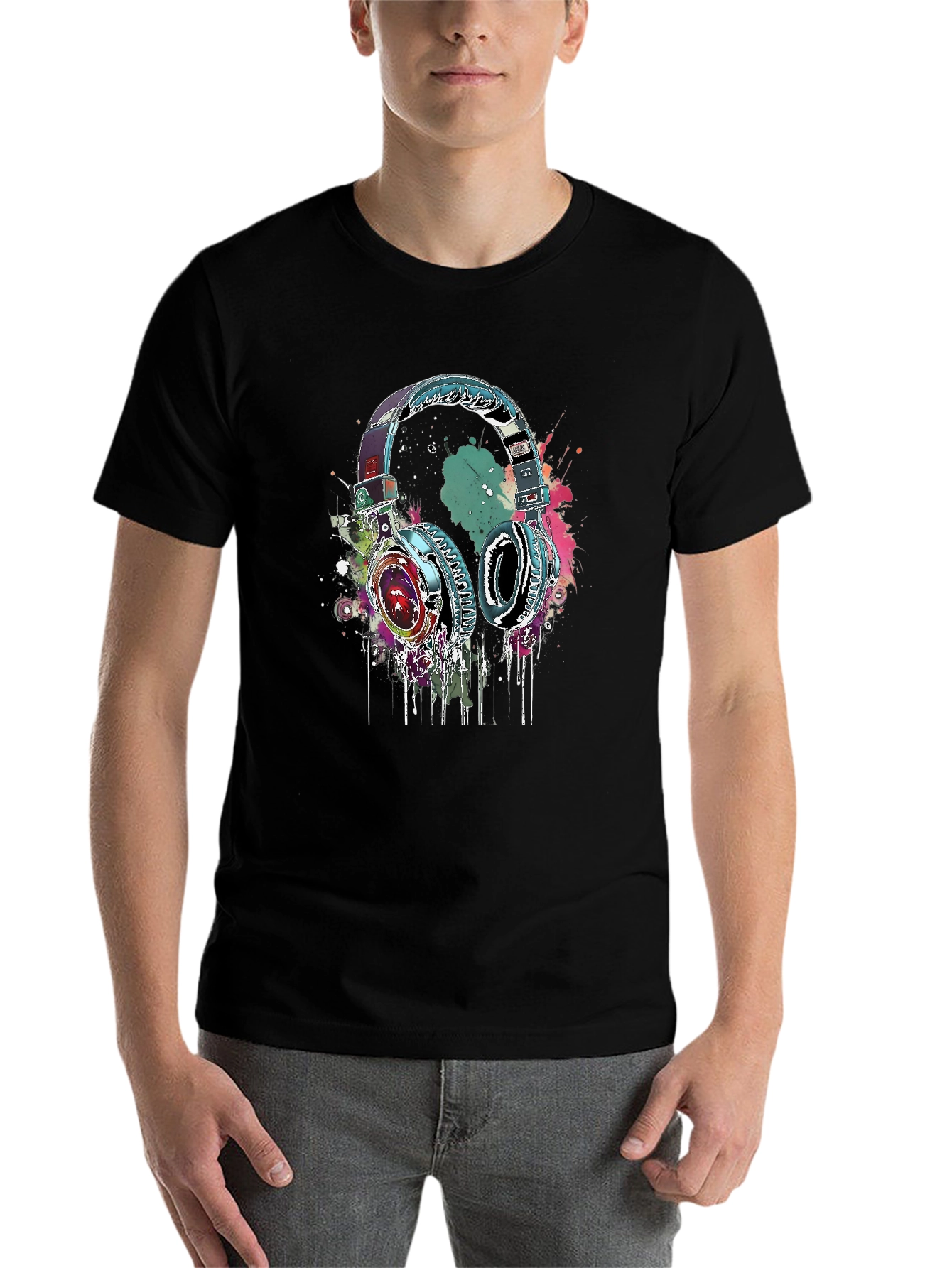 Black Vibrant Headphones Graphic Black T-Shirt view 7