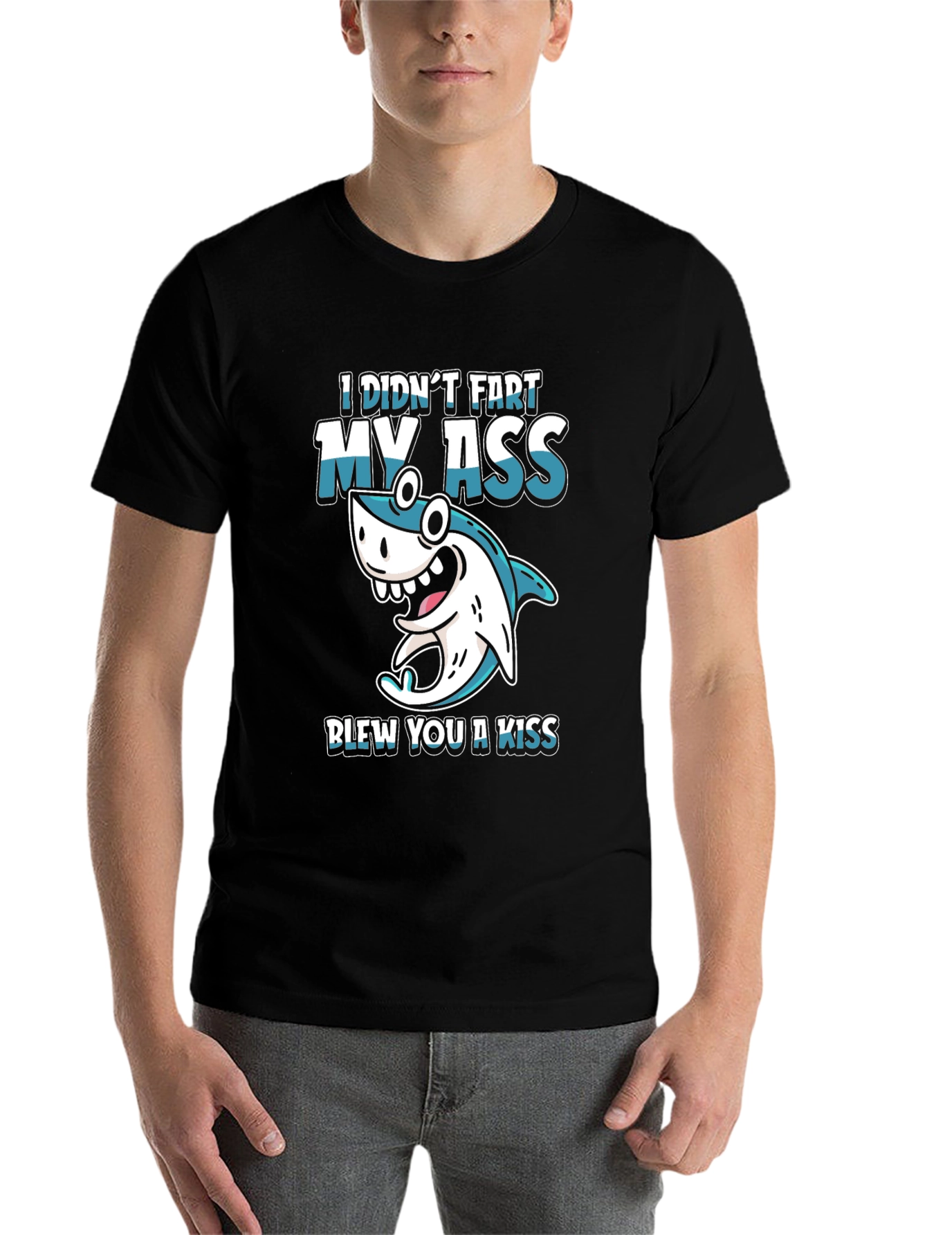 Black Funny Shark Fart Kiss T-Shirt - Humor Tee view 7