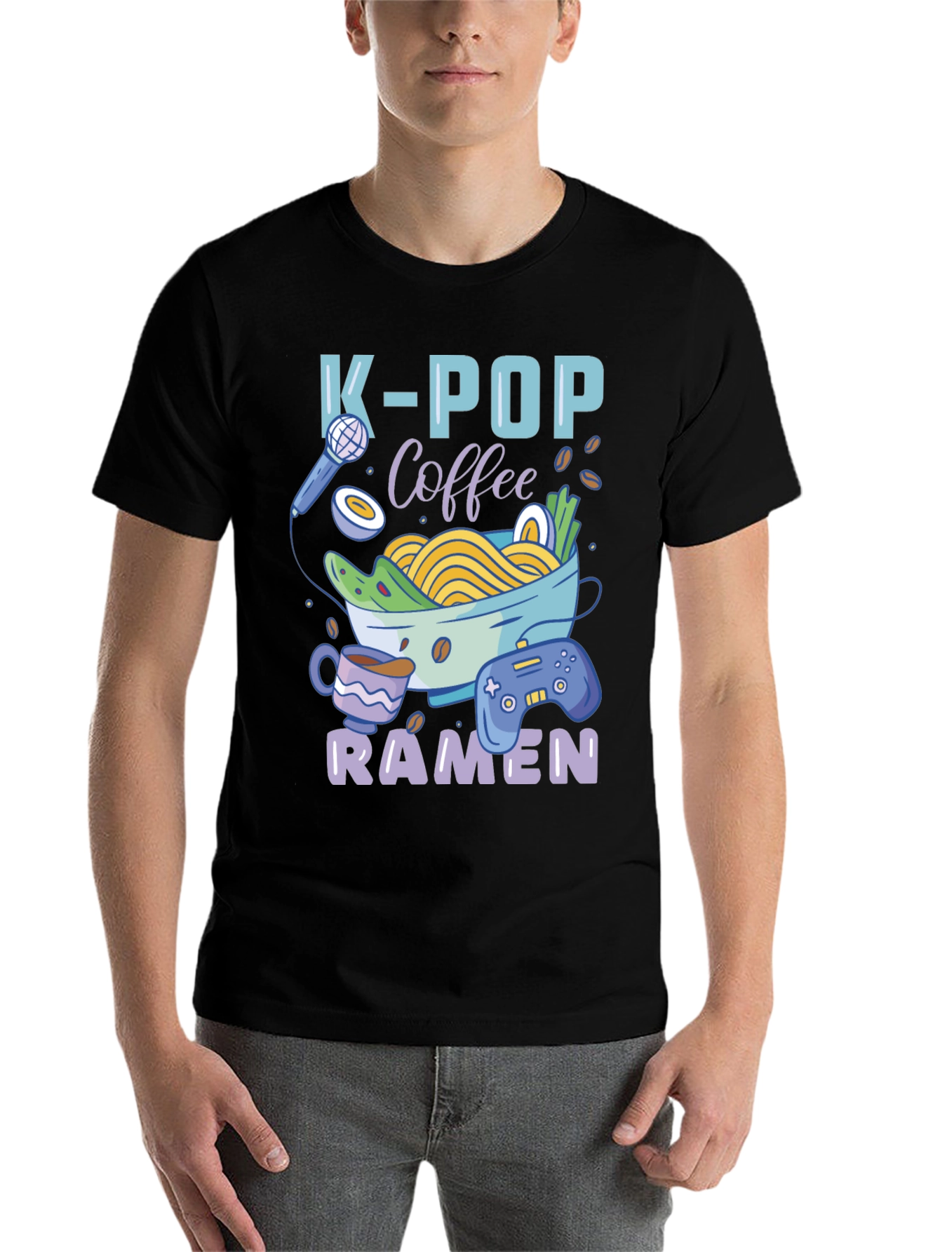 Black K-POP Coffee Ramen Gamer Graphic T-Shirt view 7
