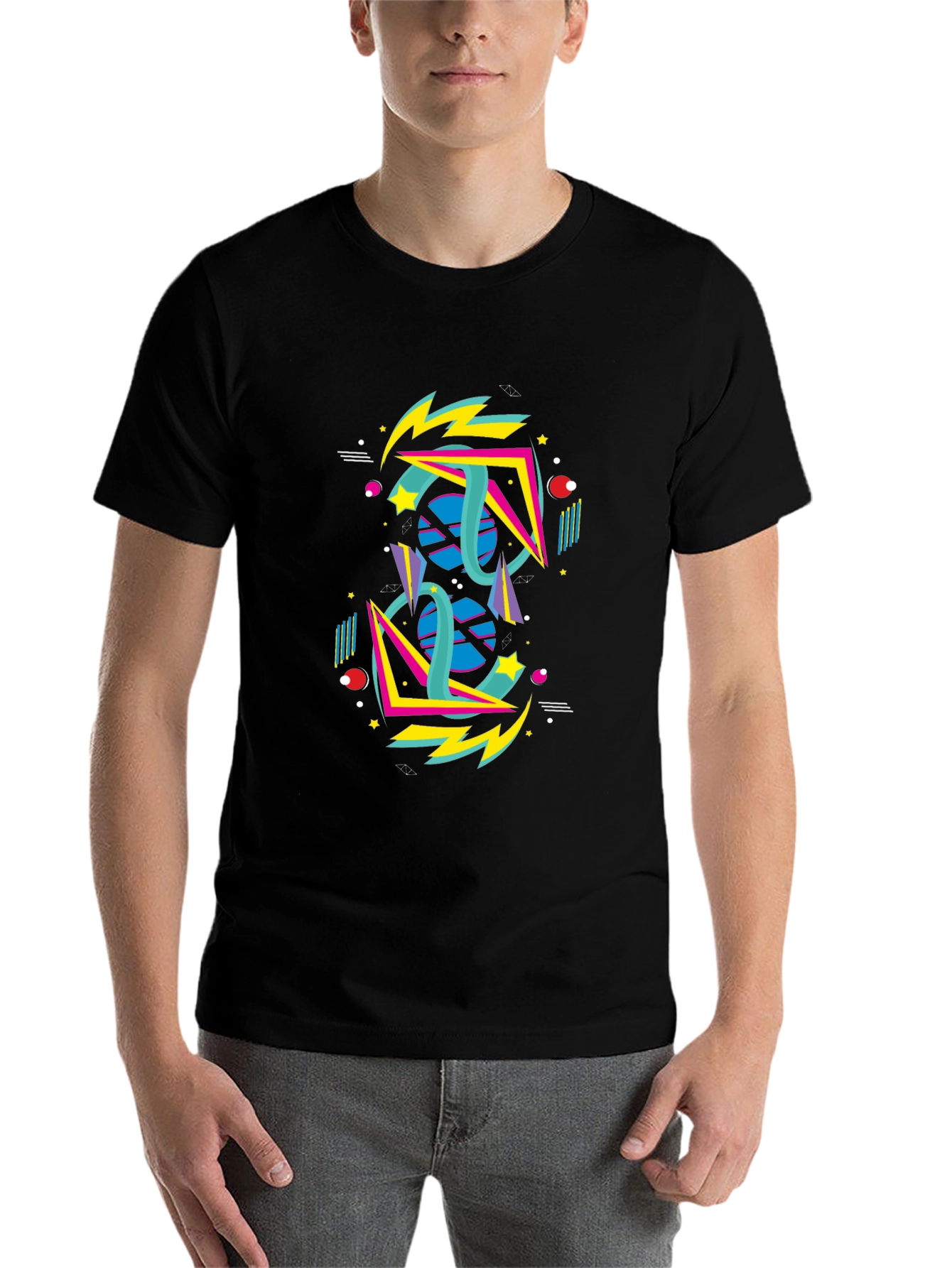 Black Retro 80s Geometric Graphic T-Shirt view 7