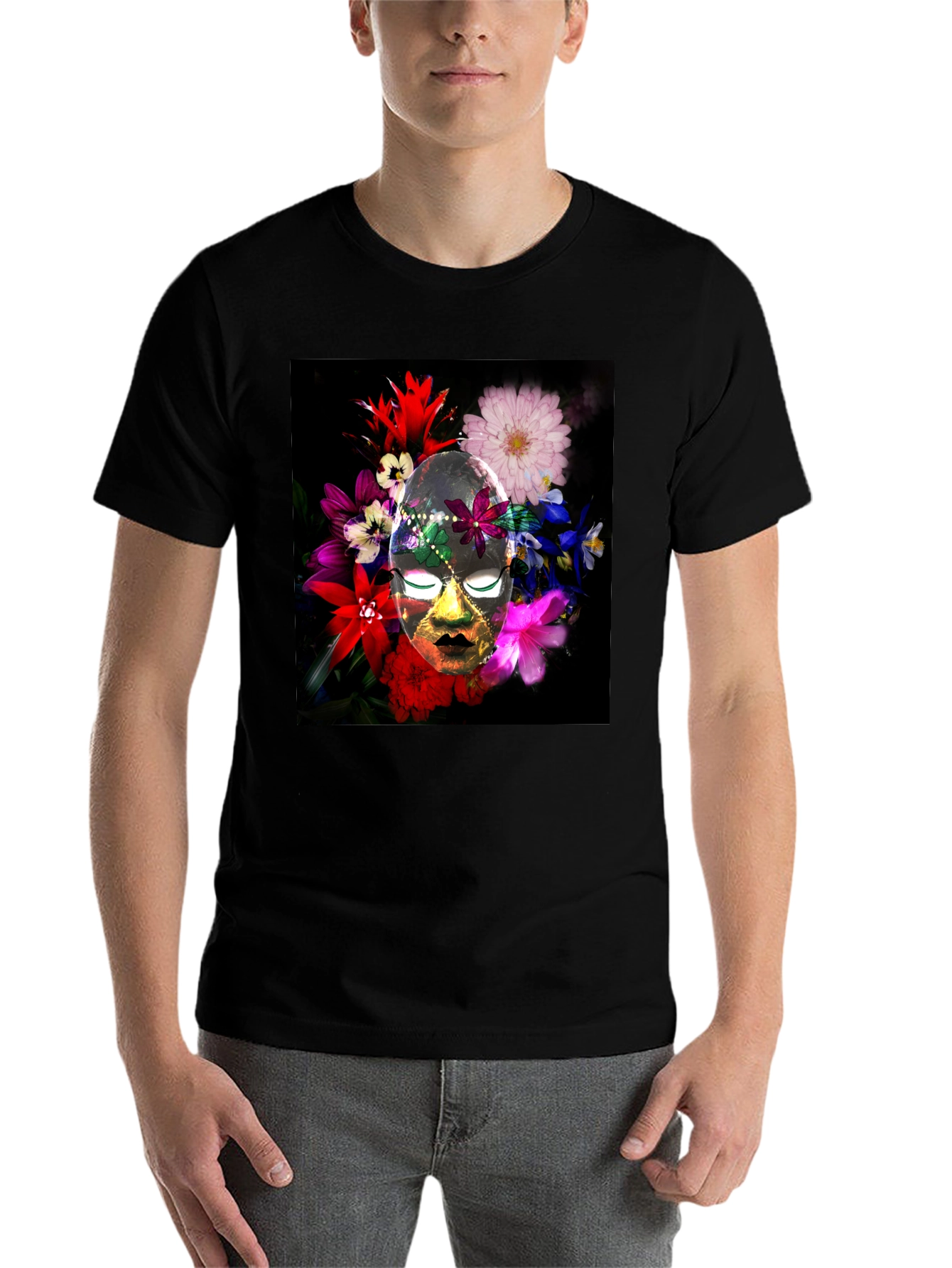 Black Floral Mask Graphic Tee - Black Cotton Blend view 7