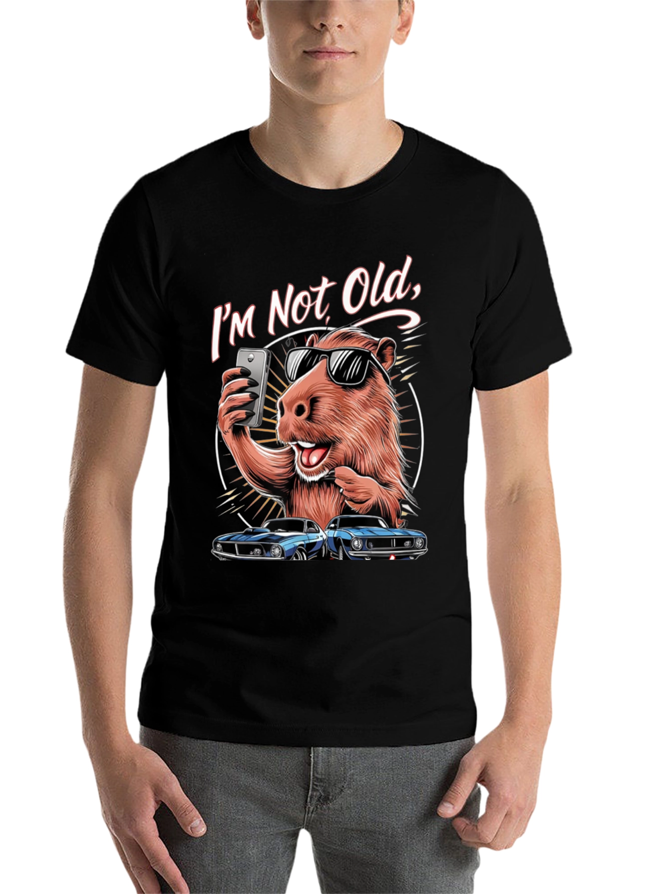 Black I'm Not Old T-Shirt: Capybara Selfie & Classic Car Design view 7