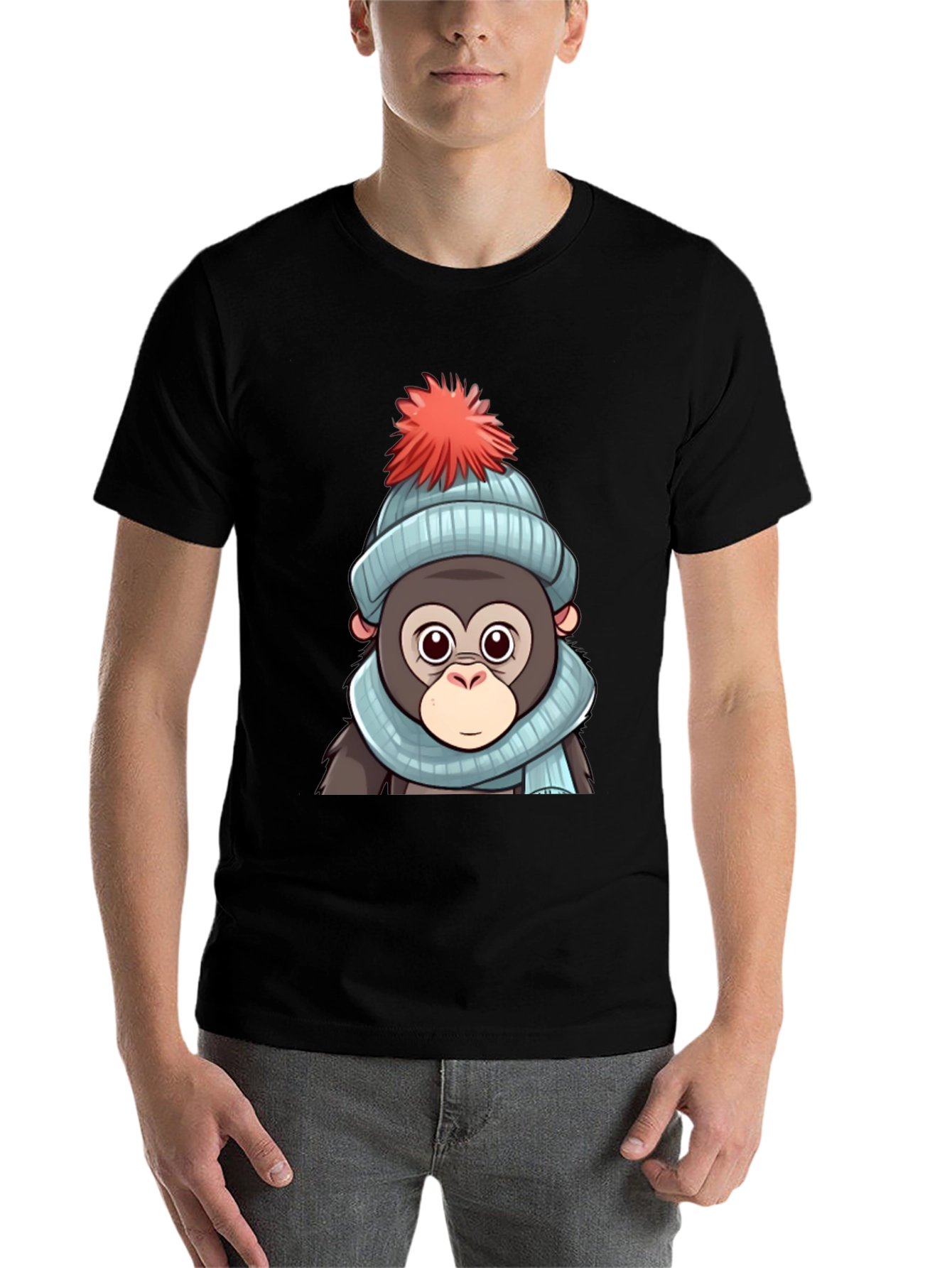 Black Cute Cartoon Monkey in Winter Hat T-Shirt view 7