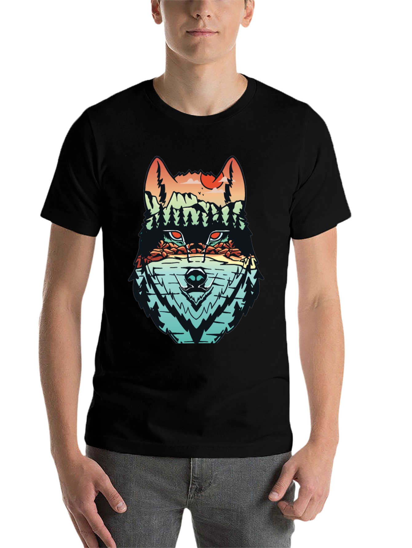 Black Nature Wolf Graphic Tee - Modern Mountainscape Design view 7