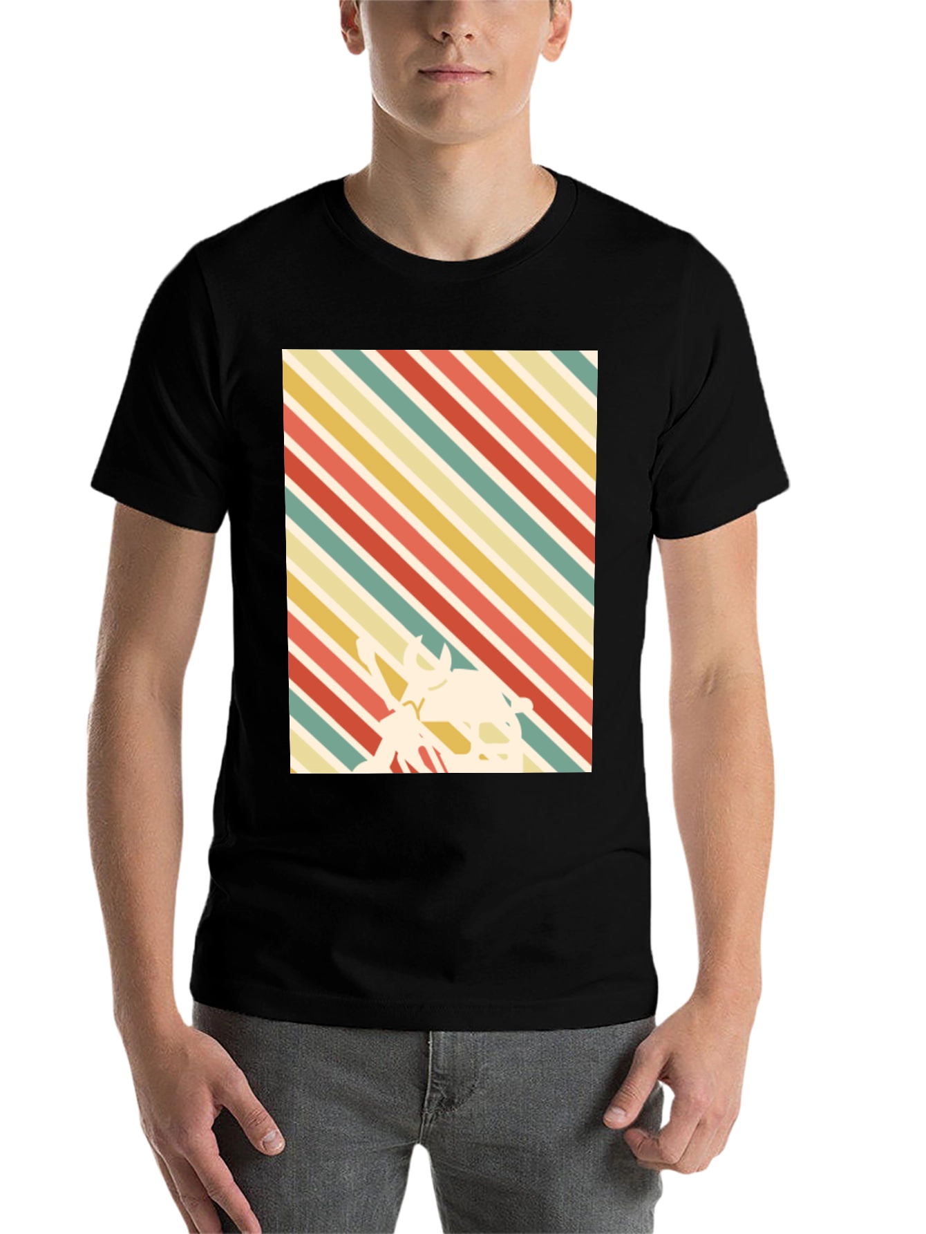 Black Retro Striped T-Shirt with Silhouette Design view 7