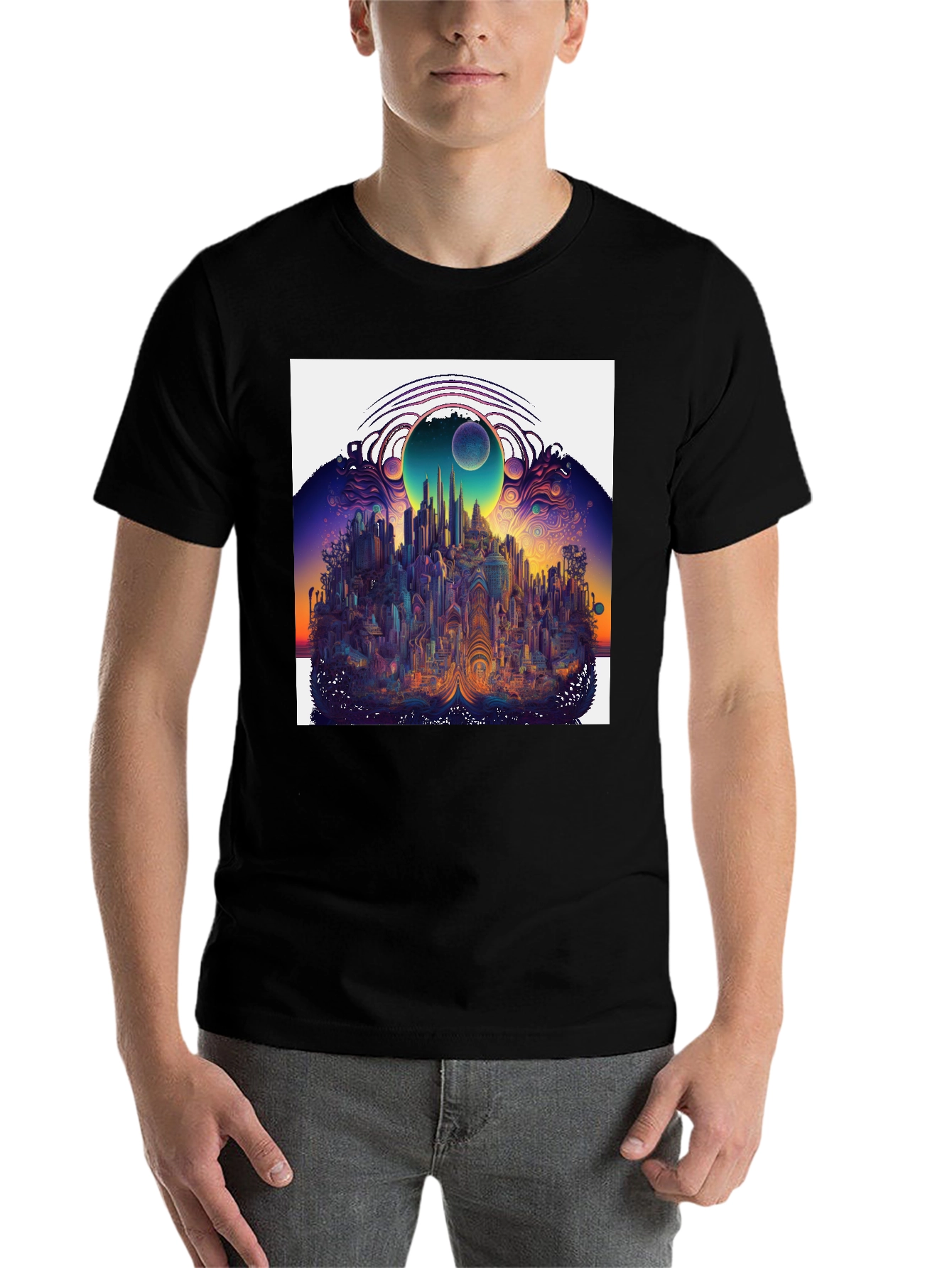 Black Surreal Cityscape Graphic Tee - Unique Black T-Shirt view 7