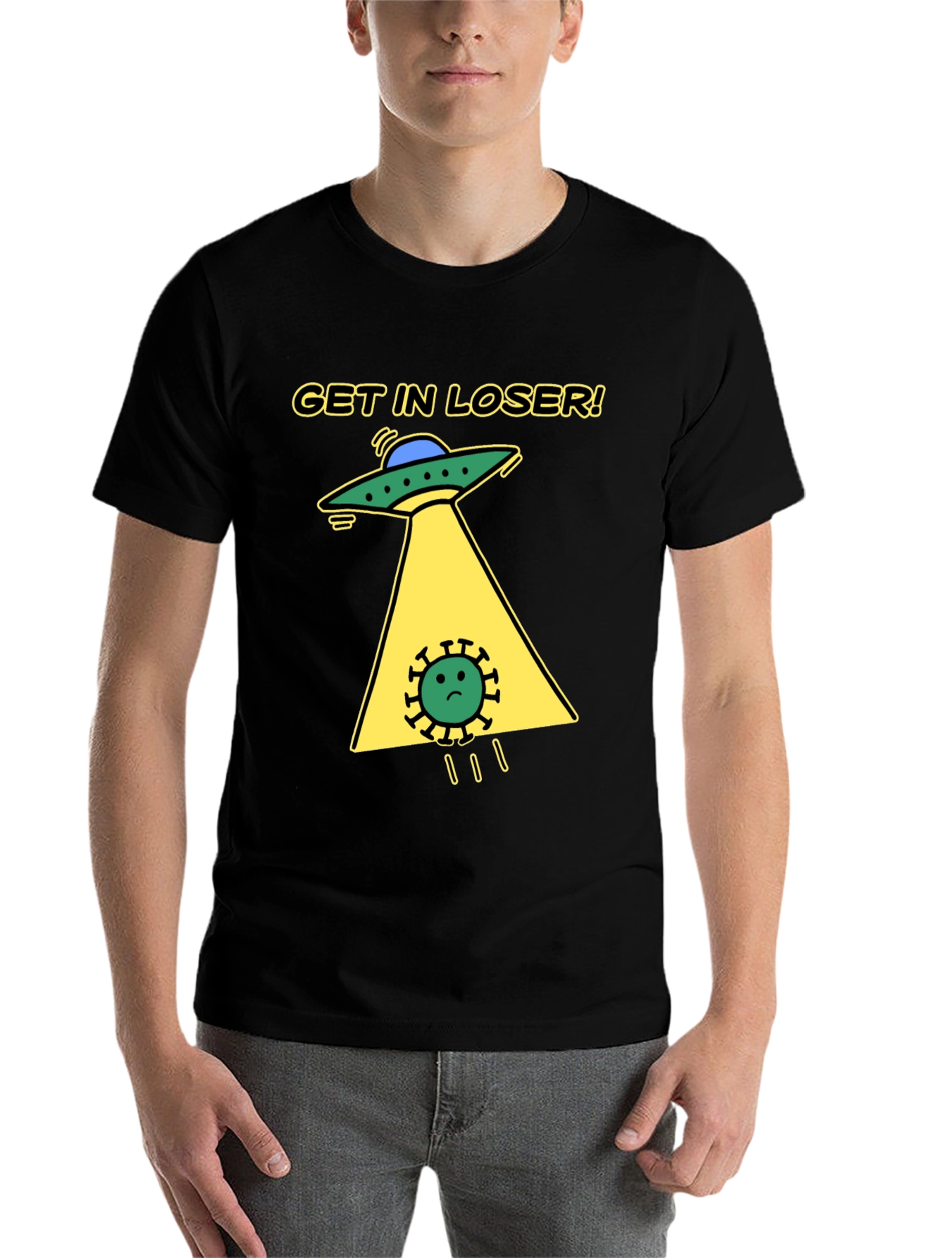 Black Get in Loser! Funny Alien Abduction T-Shirt view 7