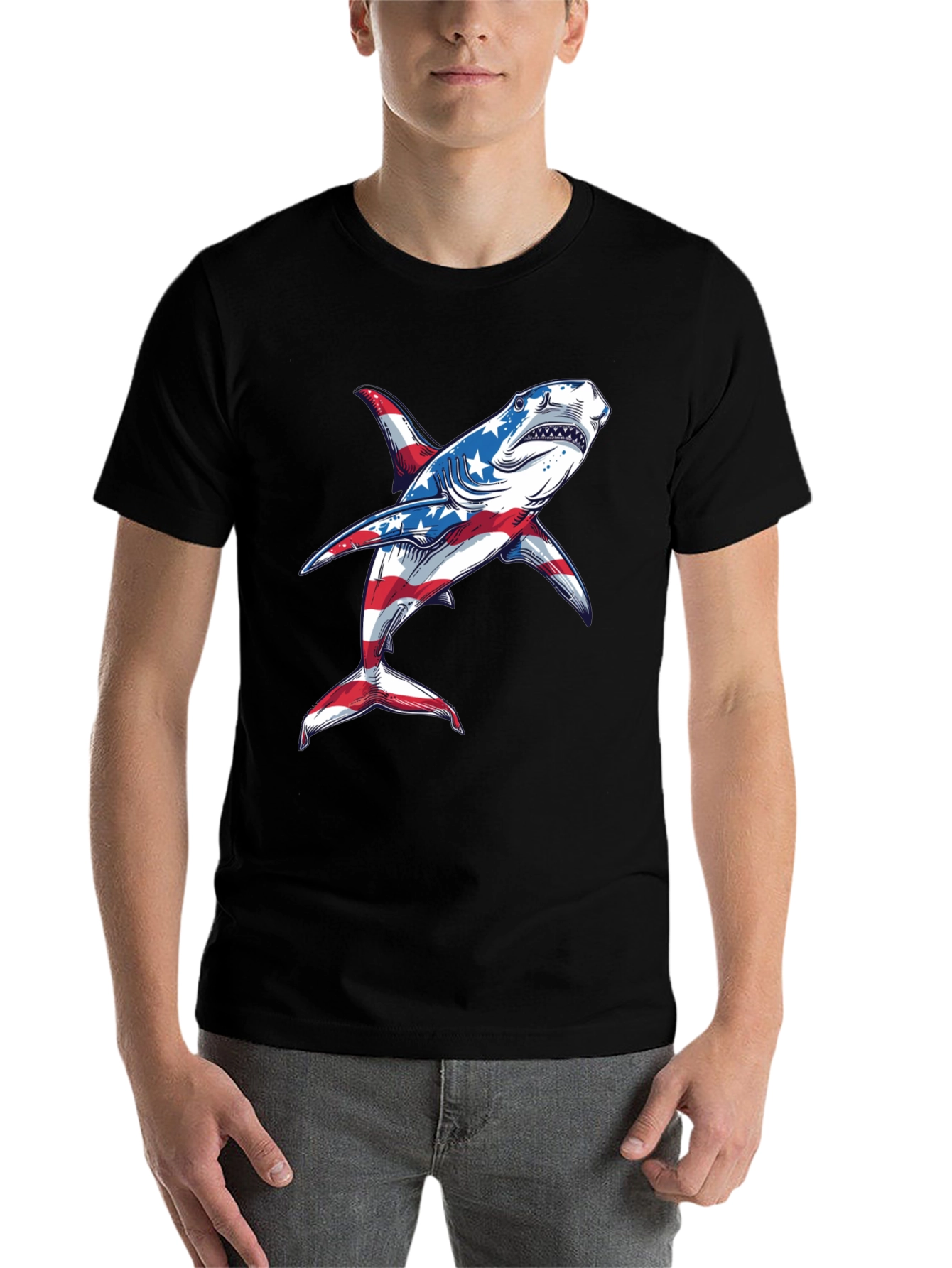 Black American Flag Shark Graphic Tee view 7