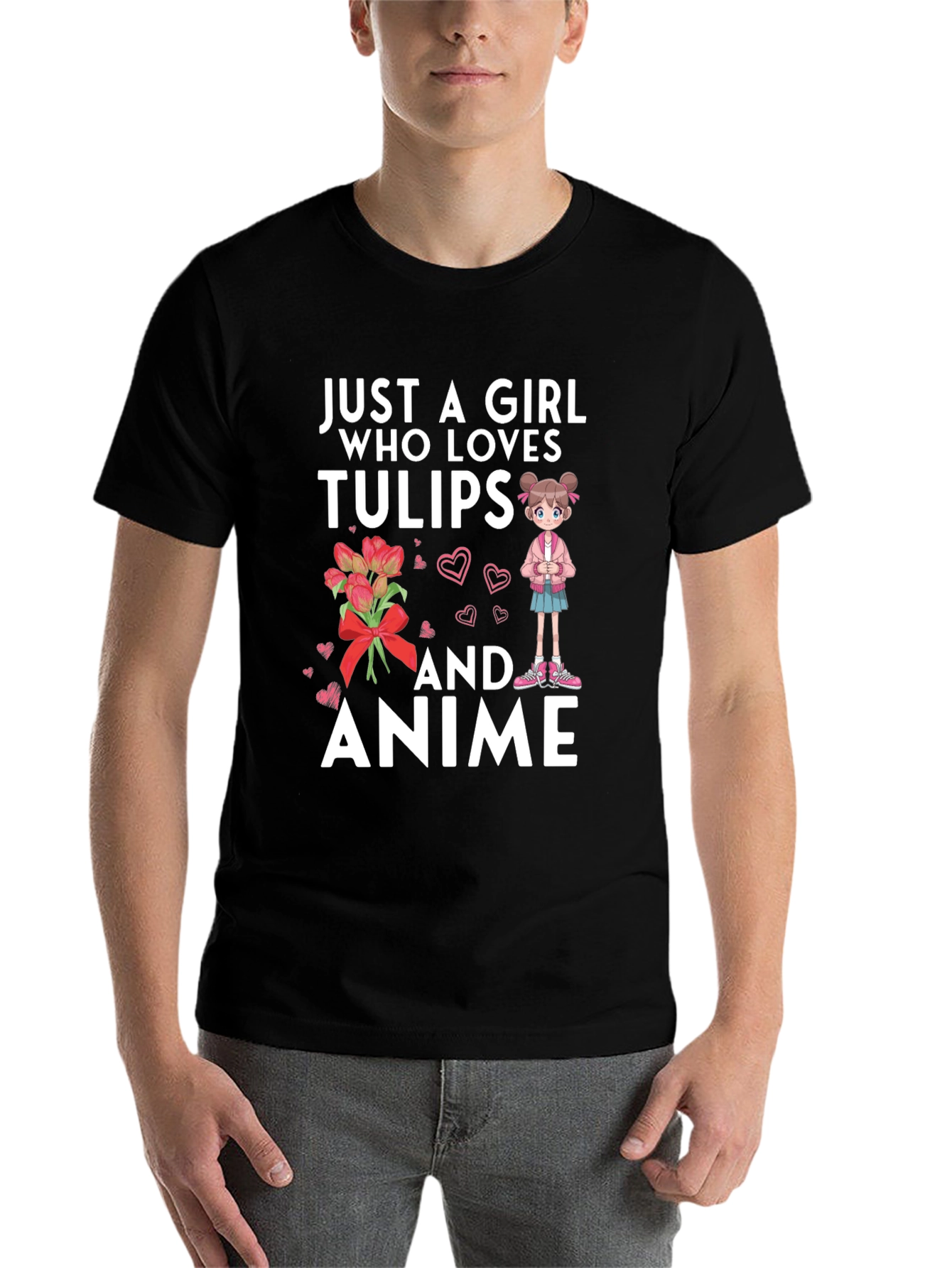 Black Just A Girl Who Loves Tulips and Anime T-Shirt view 7