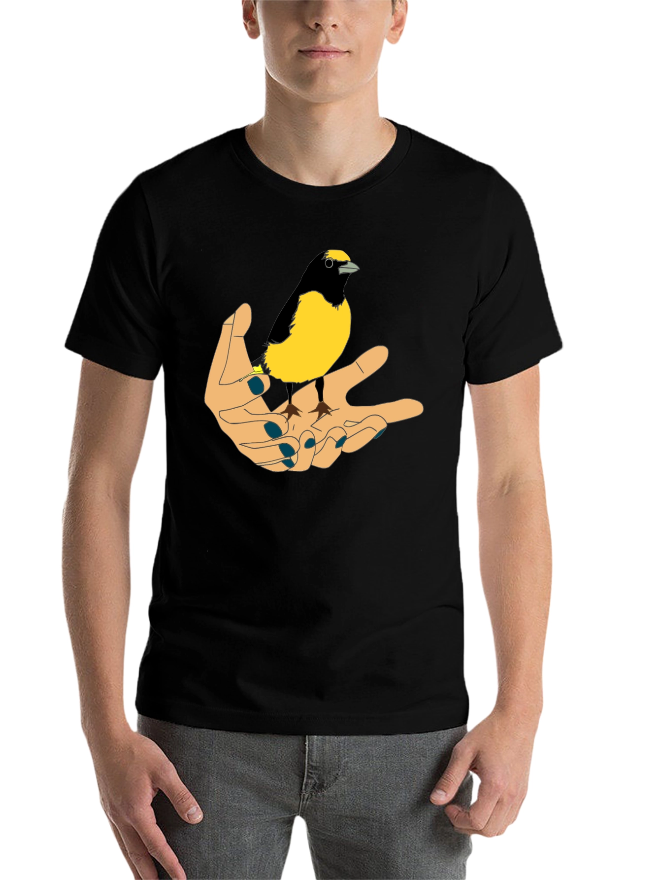 Black Bird on Hand Graphic Tee - Black Cotton T-Shirt view 7