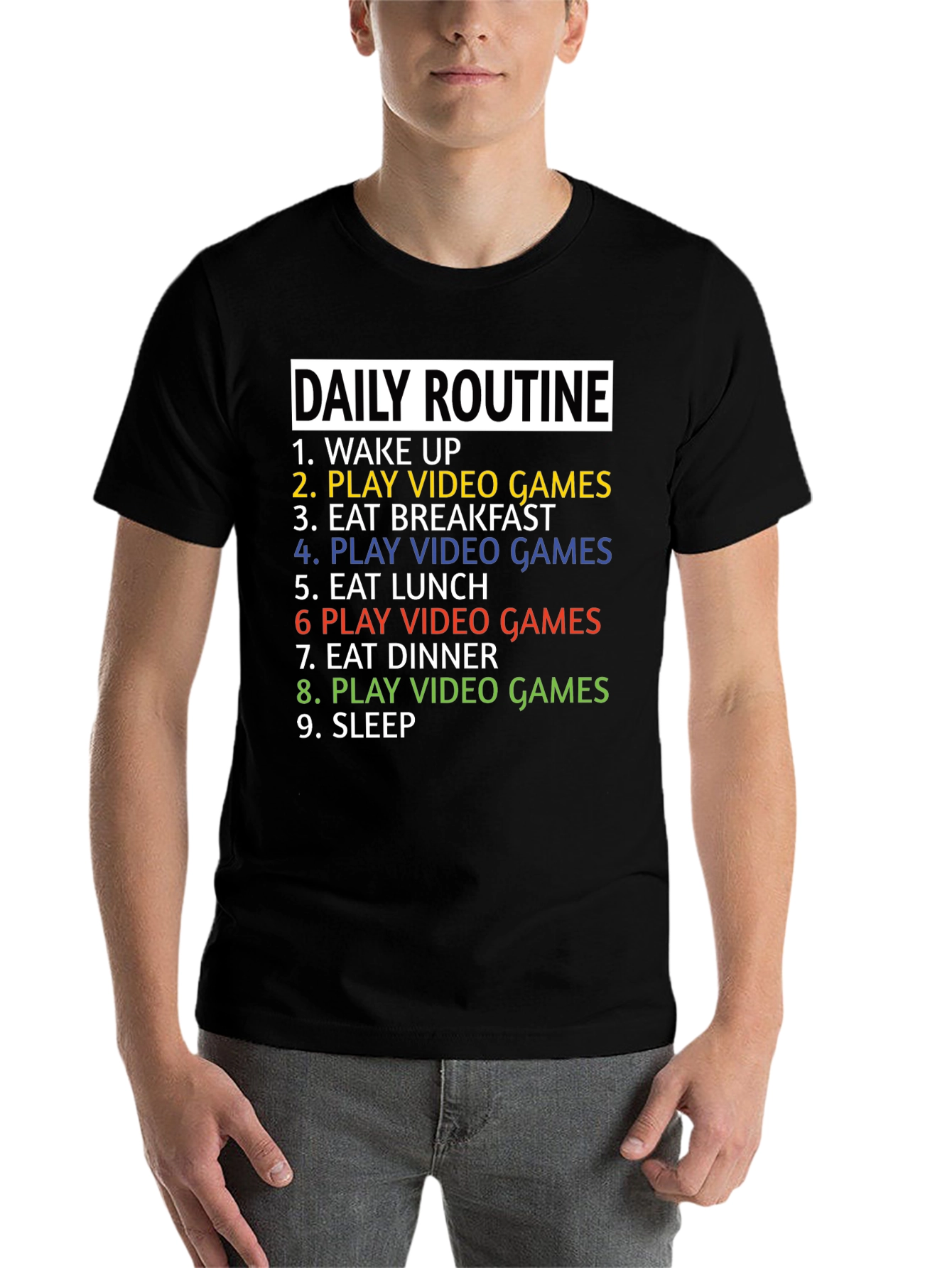 Black Gamer Daily Routine T-Shirt - Funny Gaming Tee view 7