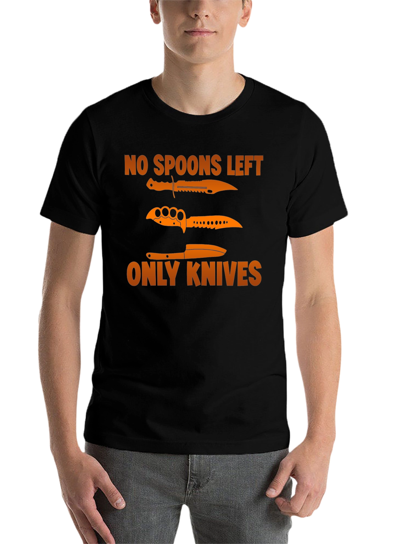 Black No Spoons Left Only Knives T-Shirt view 7