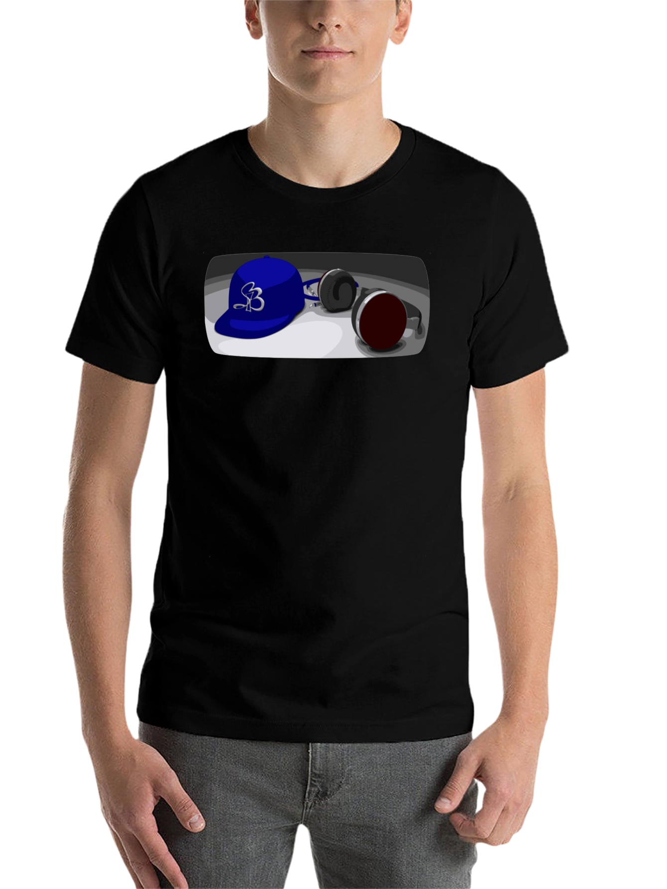 Black Cool Cartoon Blue Hat and Headphones Graphic Tee view 7
