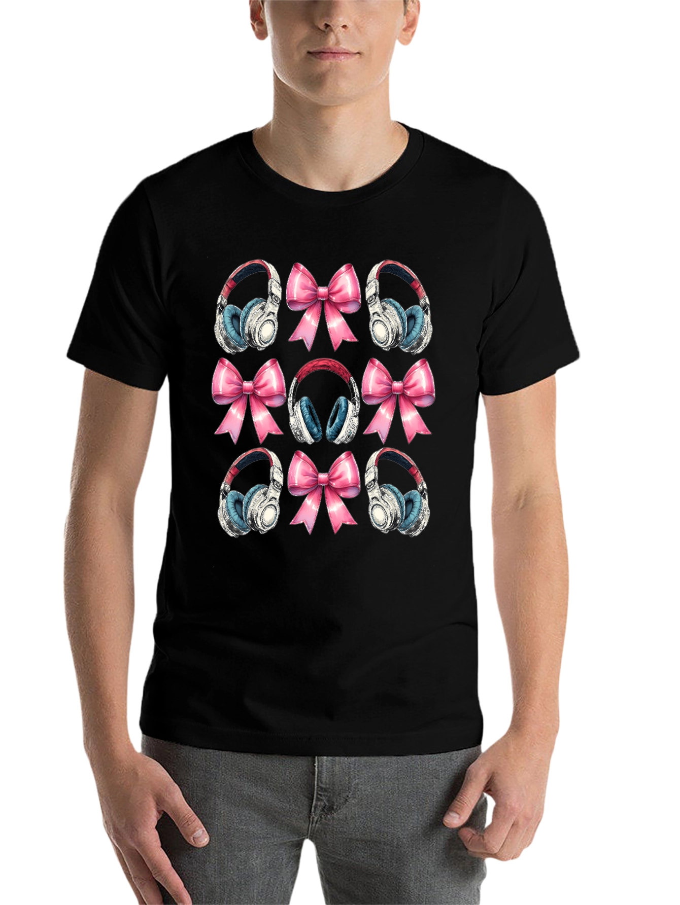 Black Headphones & Bows Graphic T-Shirt - Music Lover Tee view 7