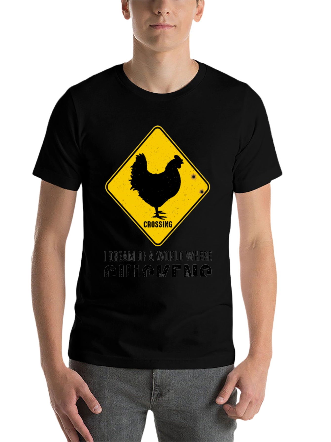 Black Funny Chicken Crossing T-Shirt - "I Dream of Chickens" view 7