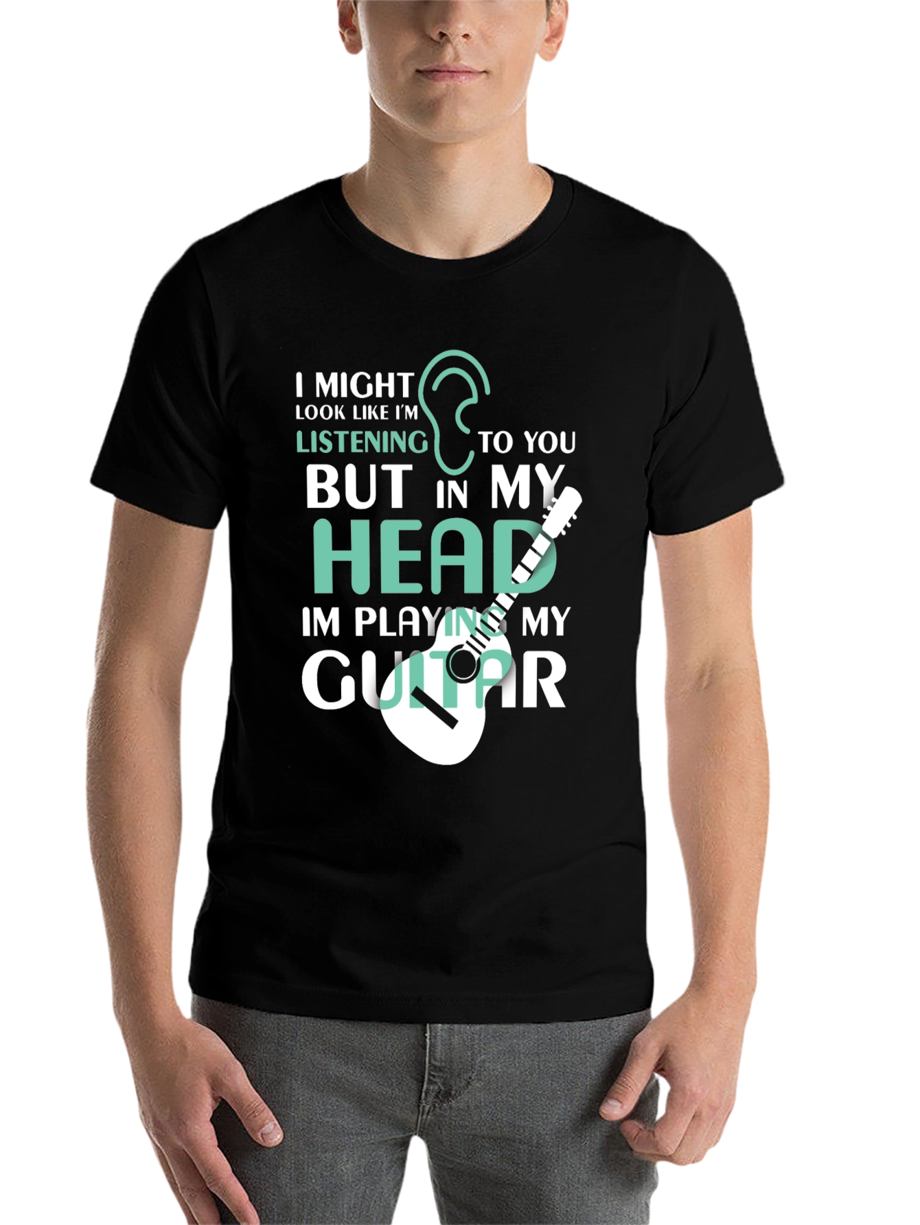 Black Funny Guitar Player T-Shirt - I'm Playing My Guitar In My Head view 7