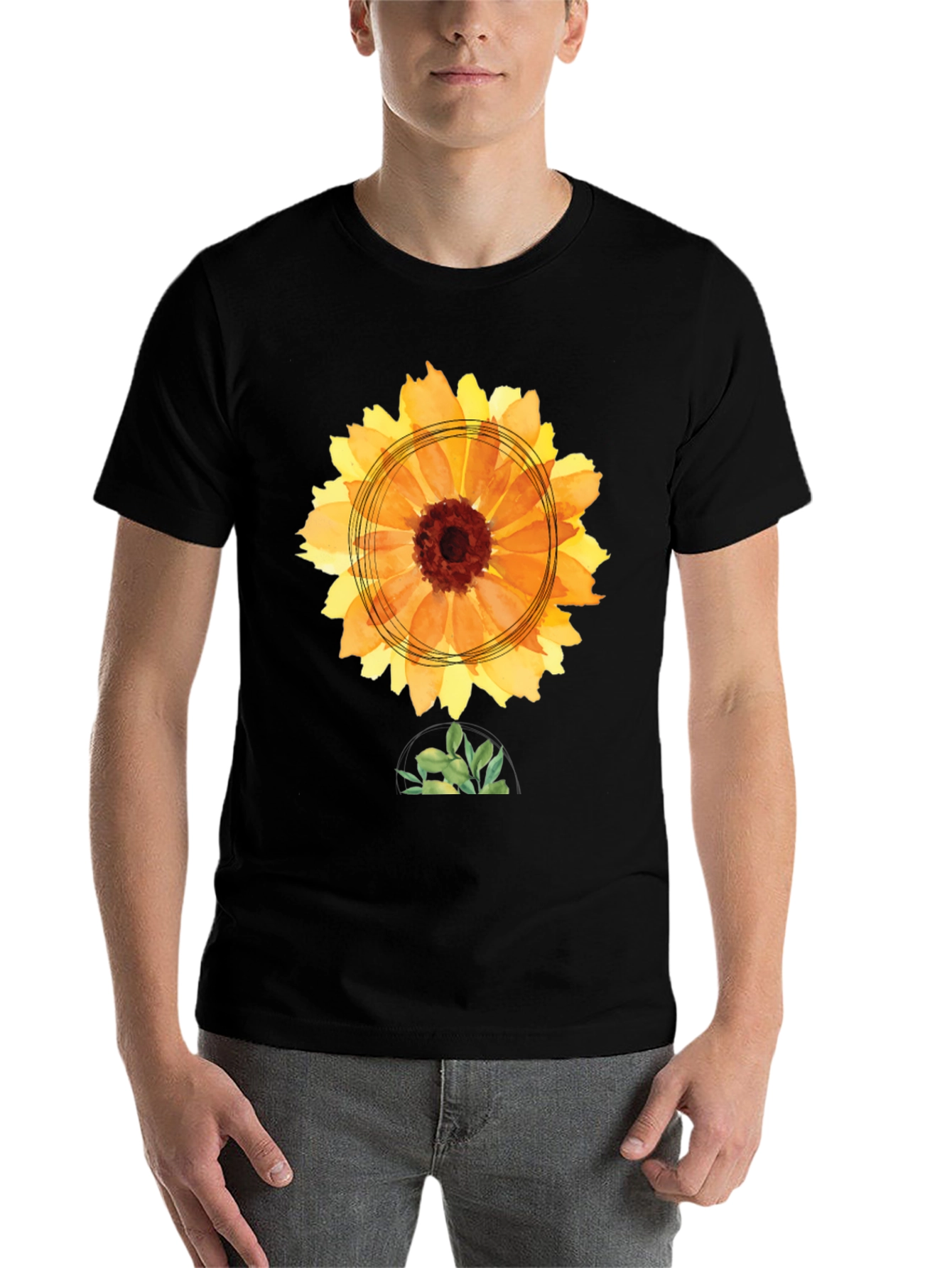 Black Sunflower Watercolor Graphic Tee - Black Cotton T-Shirt view 7