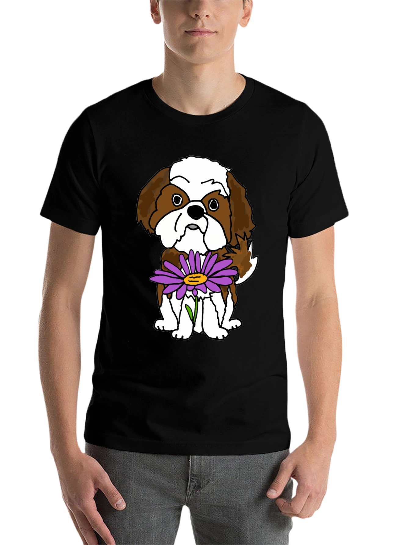 Black Cute Shih Tzu Dog with Flower Graphic T-Shirt view 7