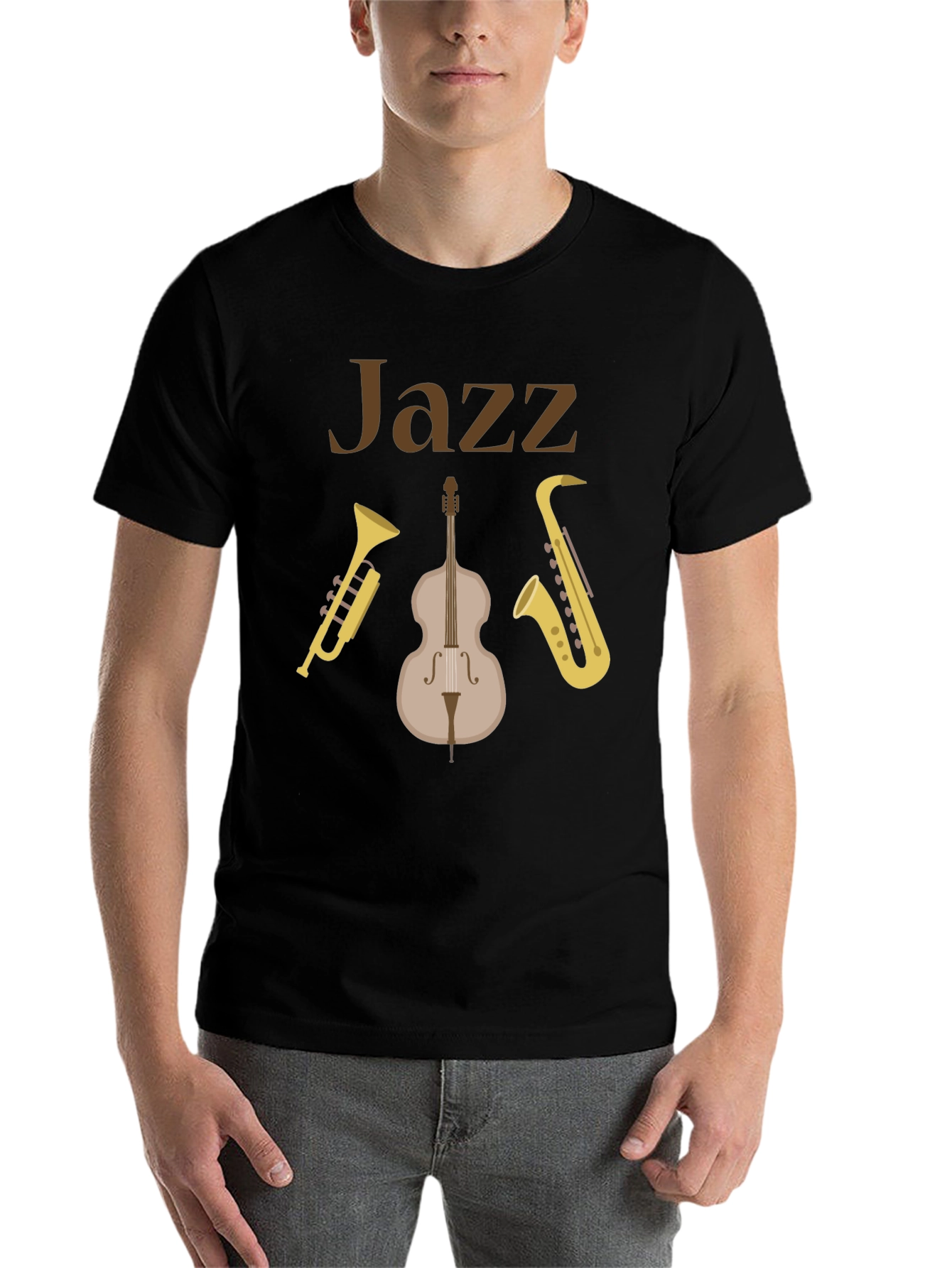 Black Jazz Music Instrument T-Shirt - Trumpet, Bass, Saxophone view 7