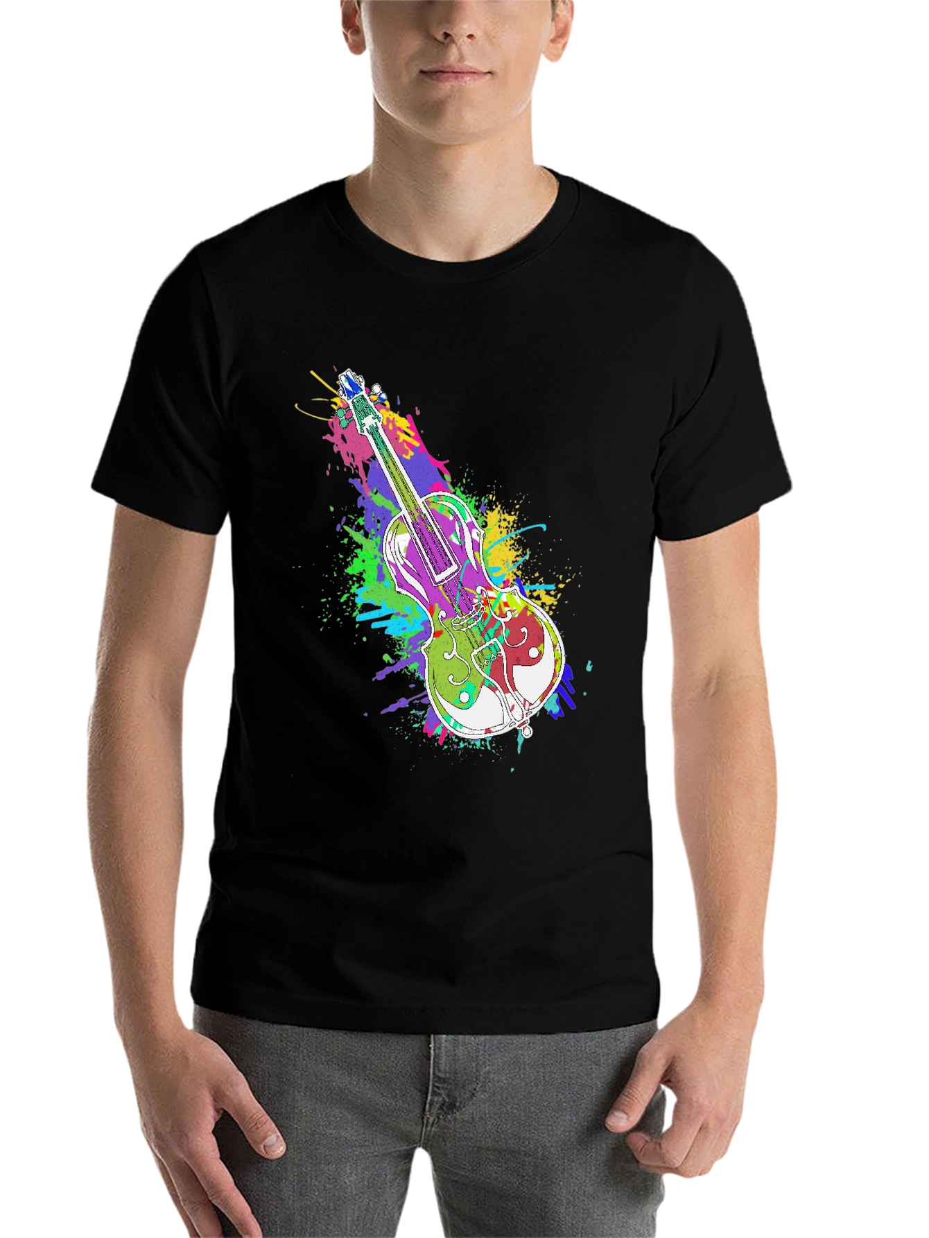 Black Colorful Violin Splatter Print T-Shirt - Unique Music Design view 7