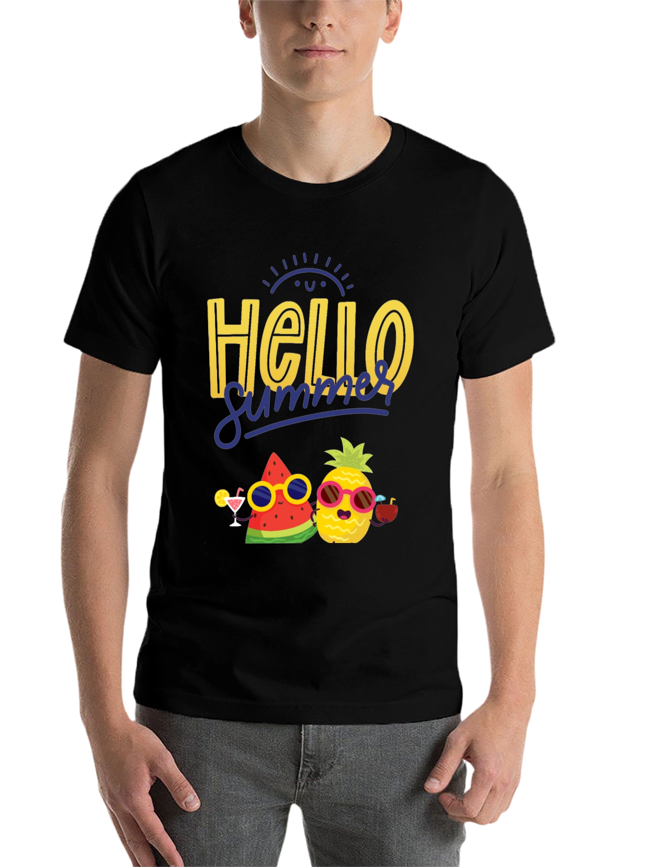 Black Hello Summer Graphic T-Shirt: Pineapple & Watermelon view 7