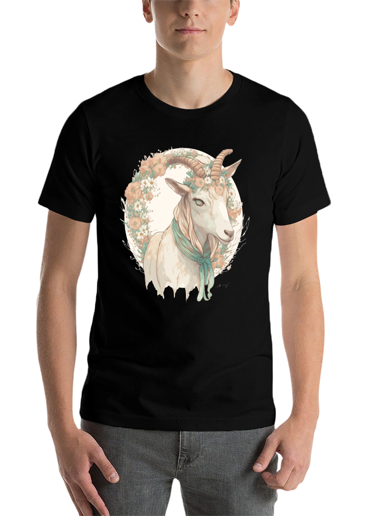 Black Goat Floral Wreath Black T-Shirt view 7
