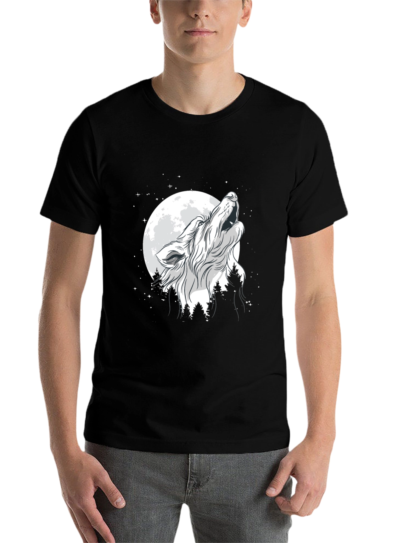 Black Wolf Howling at Moon Graphic Black T-Shirt view 7