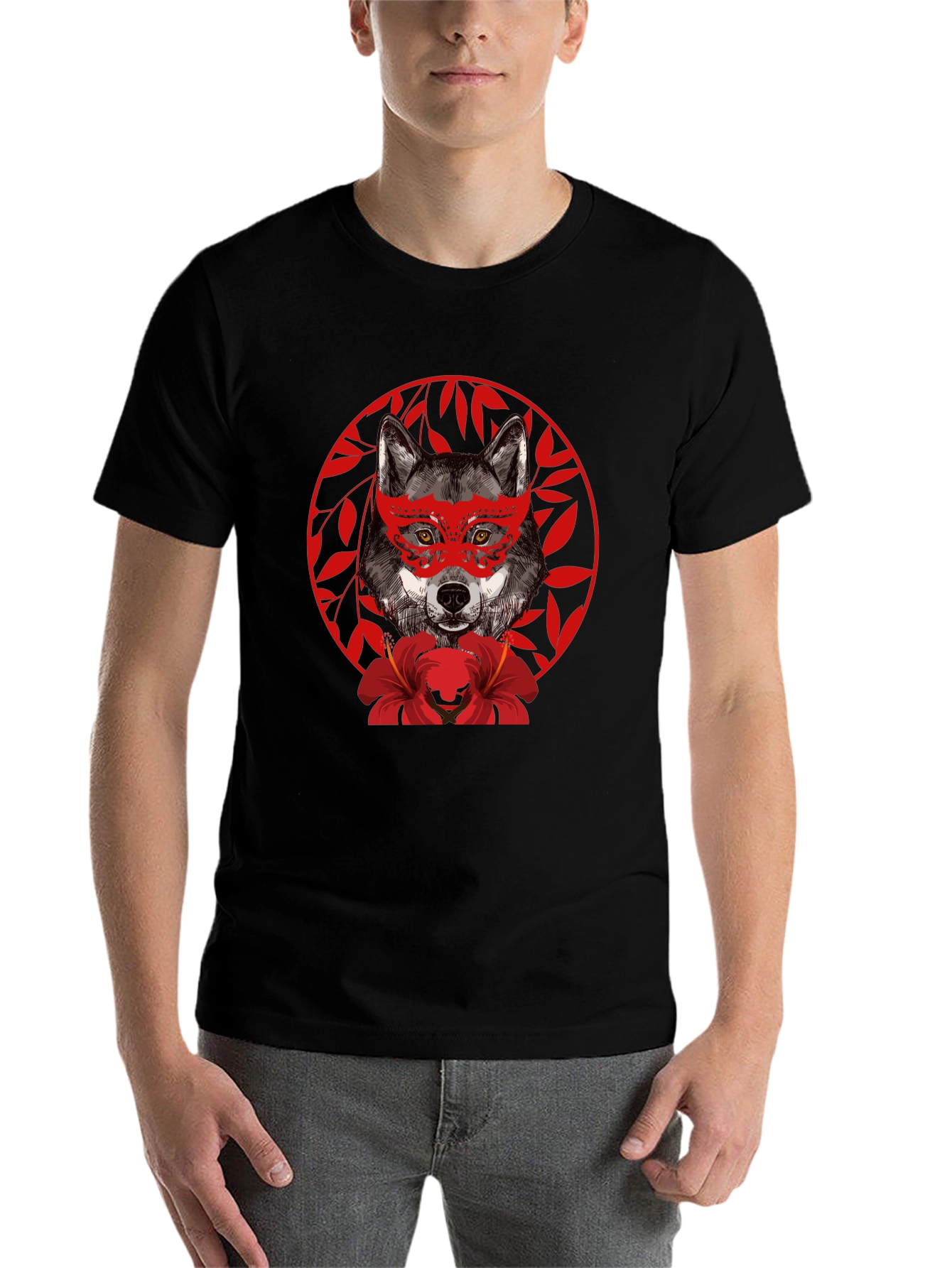 Black Wolf Masquerade Graphic Tee - Unique Animal Print T-Shirt view 7