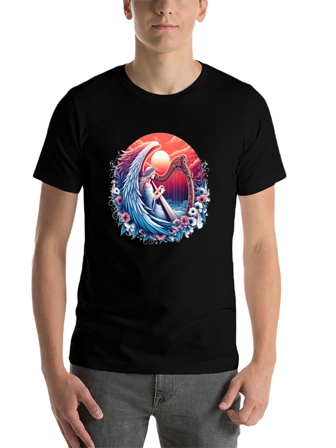 Black Angel Harpist Graphic T-Shirt - Celestial Harmony view 7