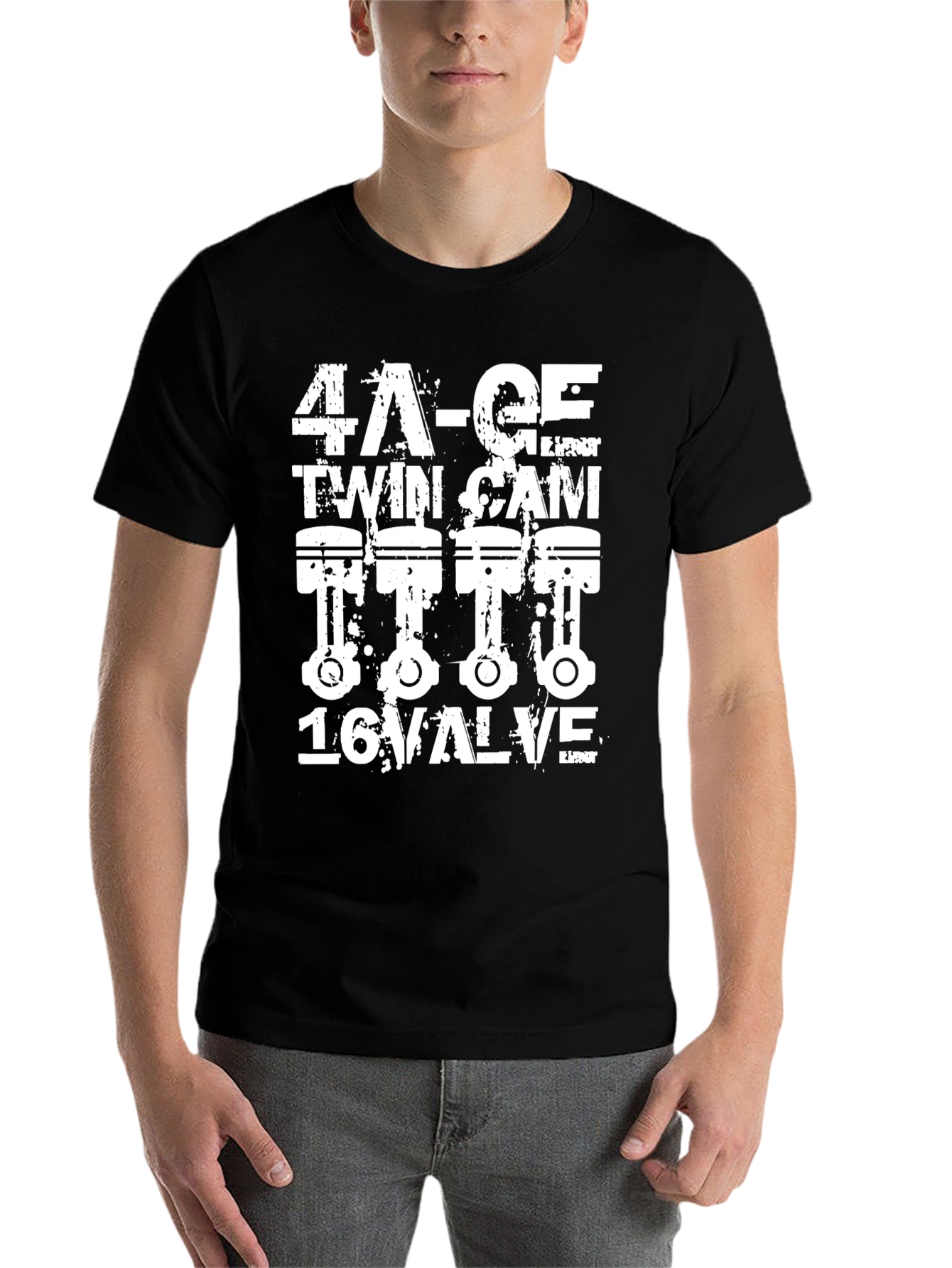 Black 4A-GE Twin Cam 16 Valve Engine T-Shirt view 7