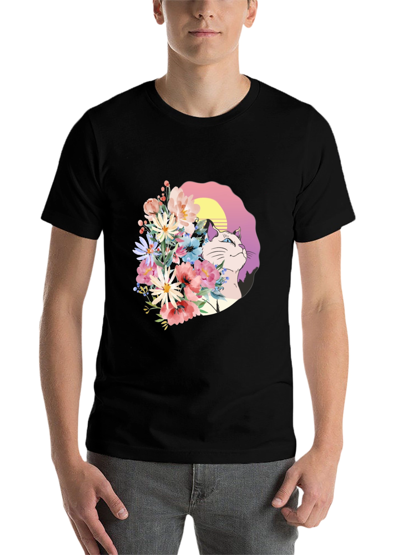 Black Floral Cat Graphic Black T-Shirt view 7