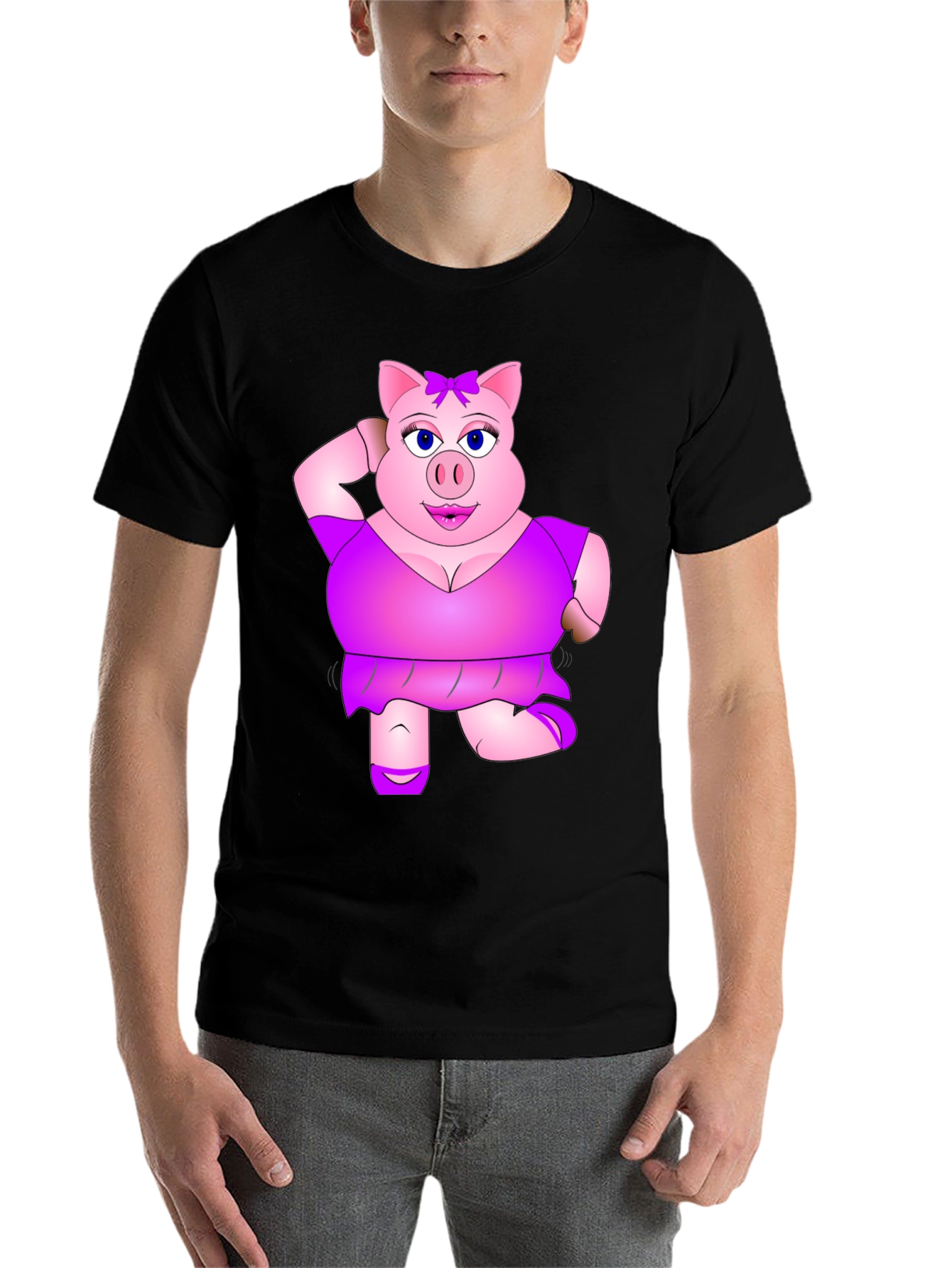 Black Funny Pig Lady Black T-Shirt Novelty Graphic Tee view 7