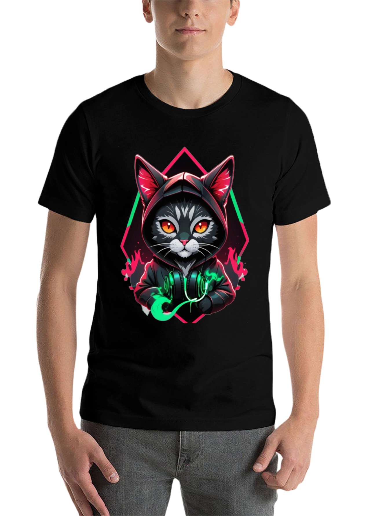 Black Cool Cat Hoodie T-Shirt - Unique Design view 7