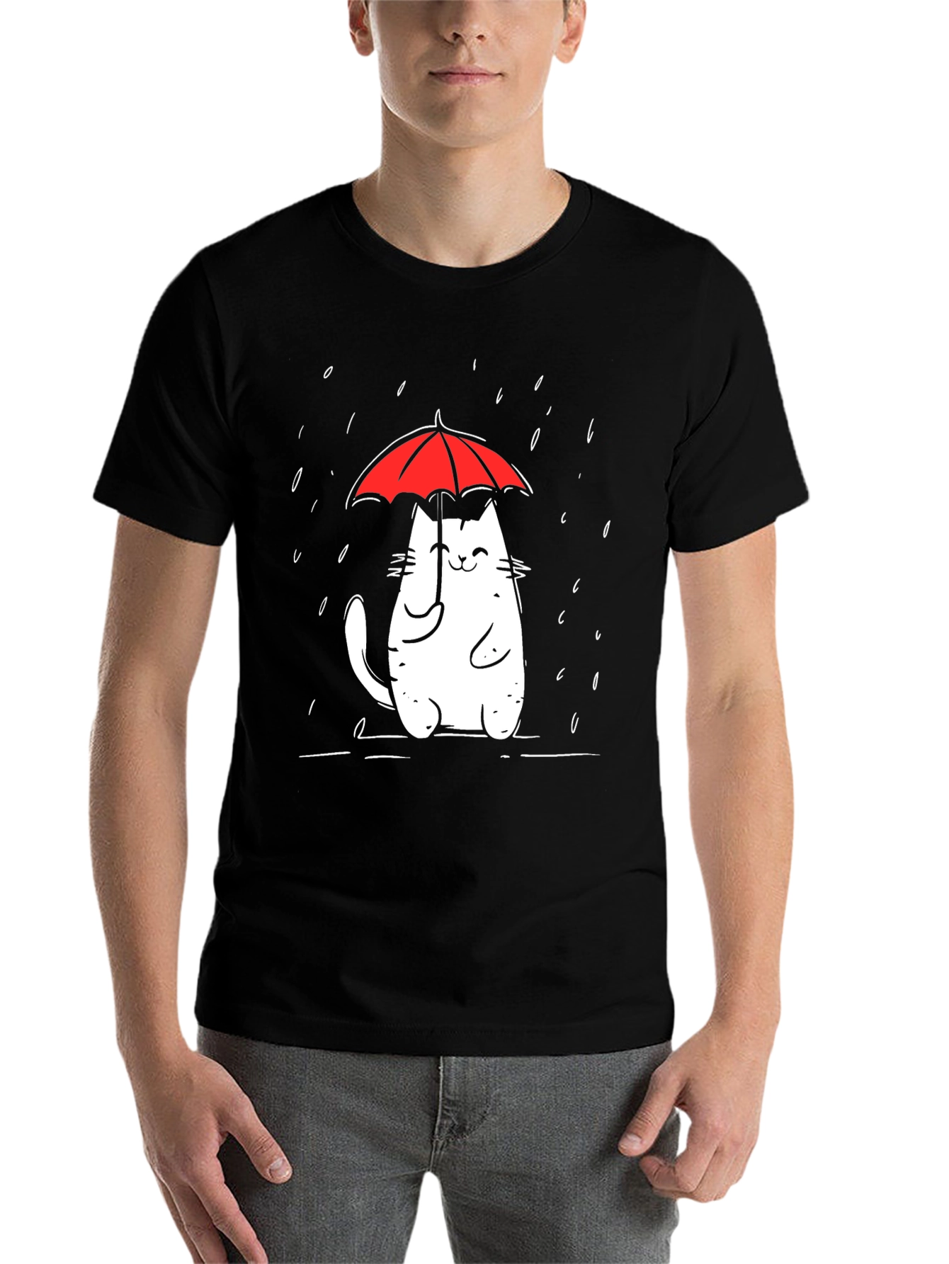 Black Cute Cat Umbrella Graphic Tee - Black Cotton Comfort view 7