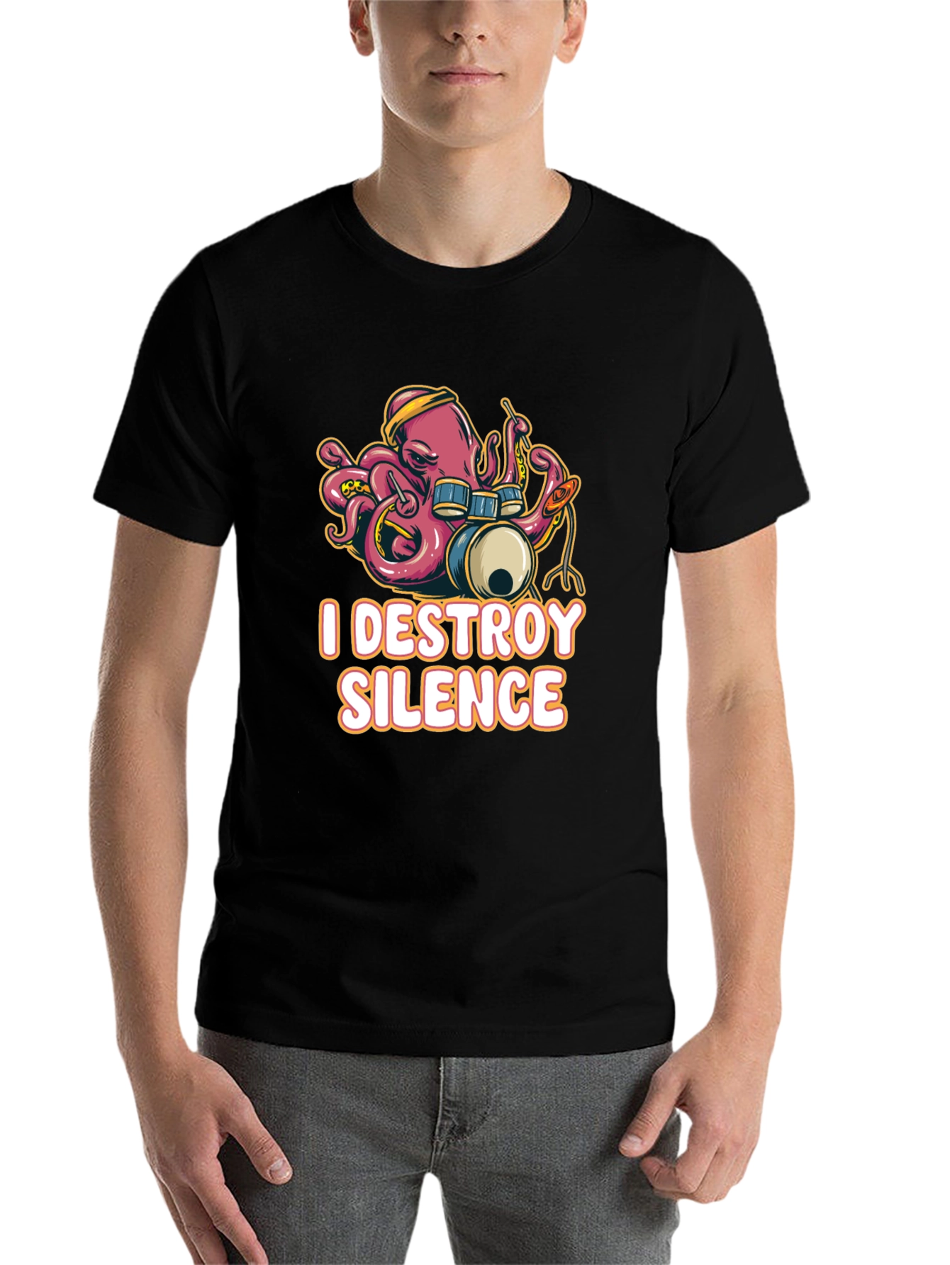 Black I Destroy Silence Octopus Drummer Black T-shirt view 7