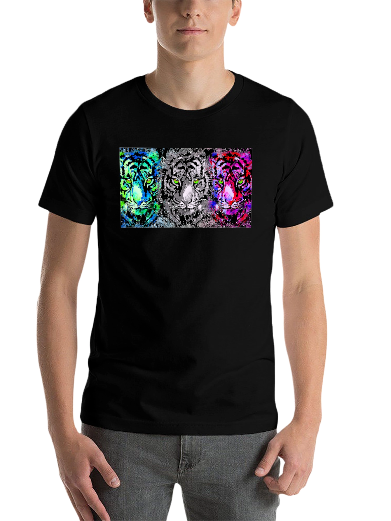 Black Vibrant Tiger Trio Graphic Tee - Unique Pop Art Design view 7