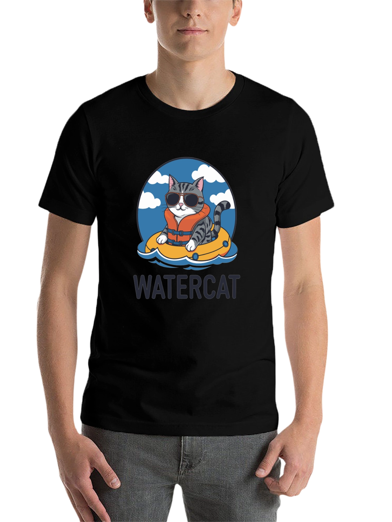 Black Watercat T-Shirt - Funny Cat in Pool Design view 7