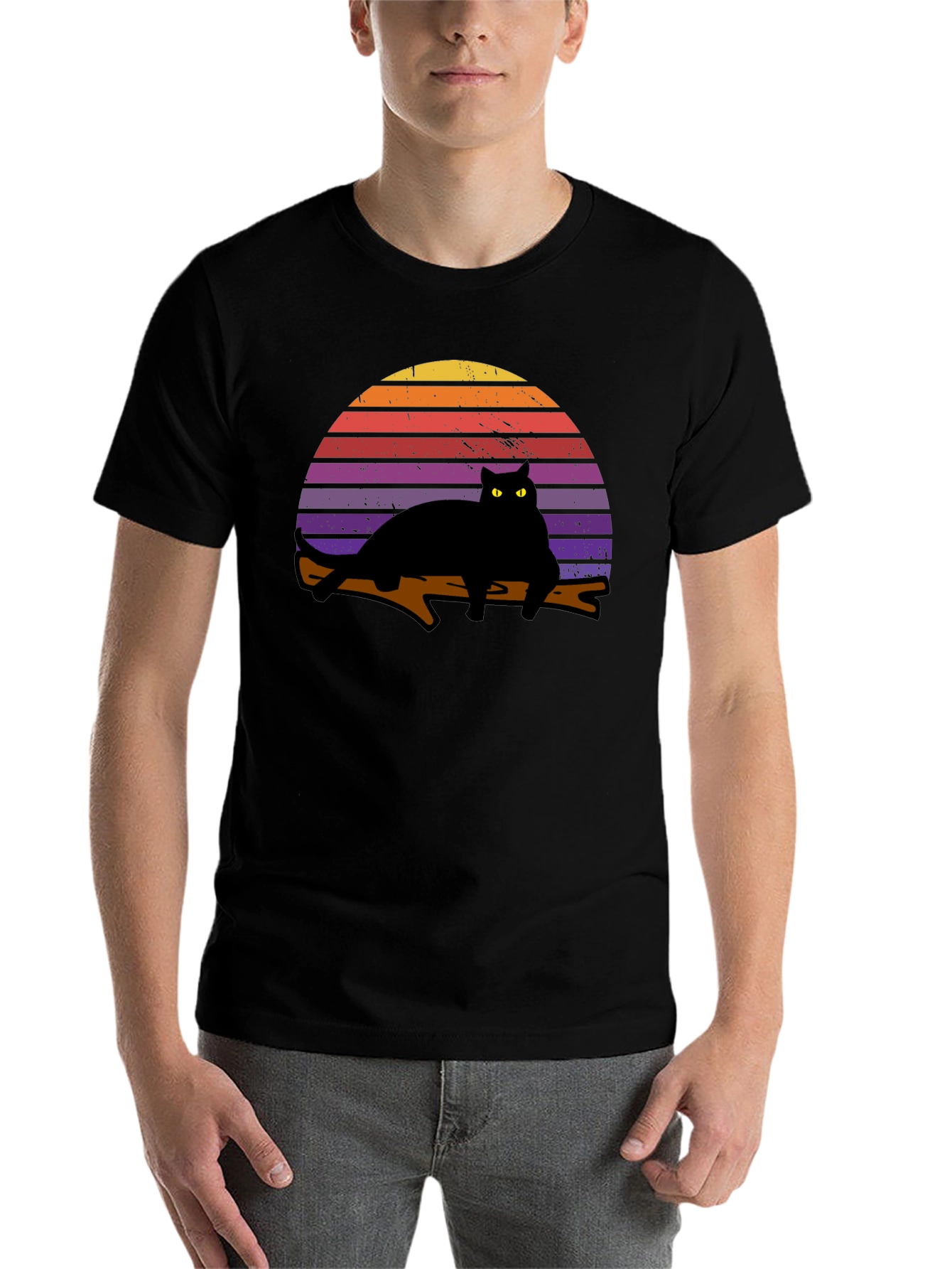 Black Retro Cat Sunset Graphic T-Shirt - Black view 7