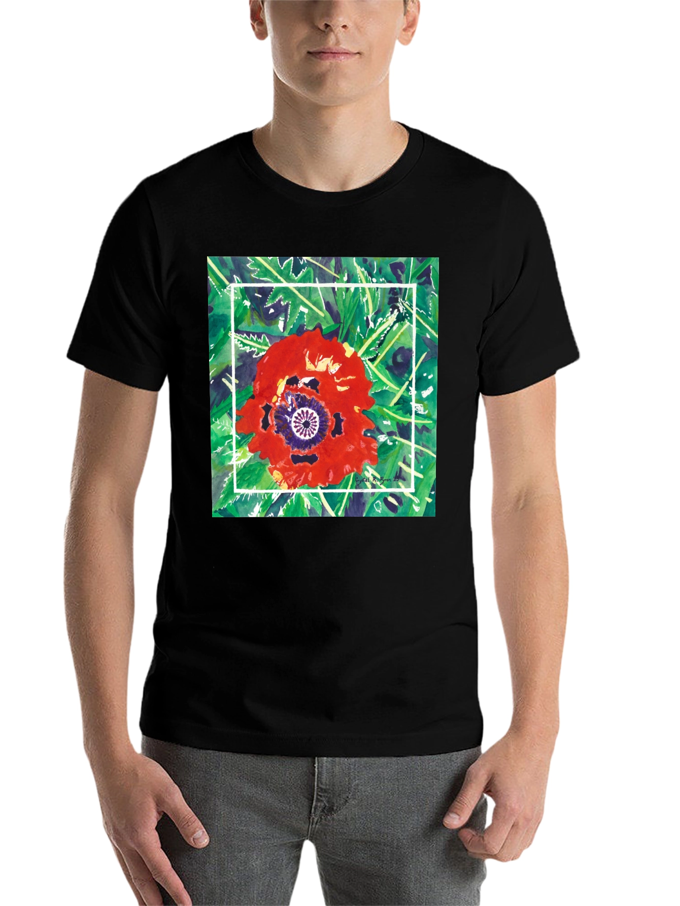 Black Floral Graphic T-Shirt - Unique Artistic Print view 7