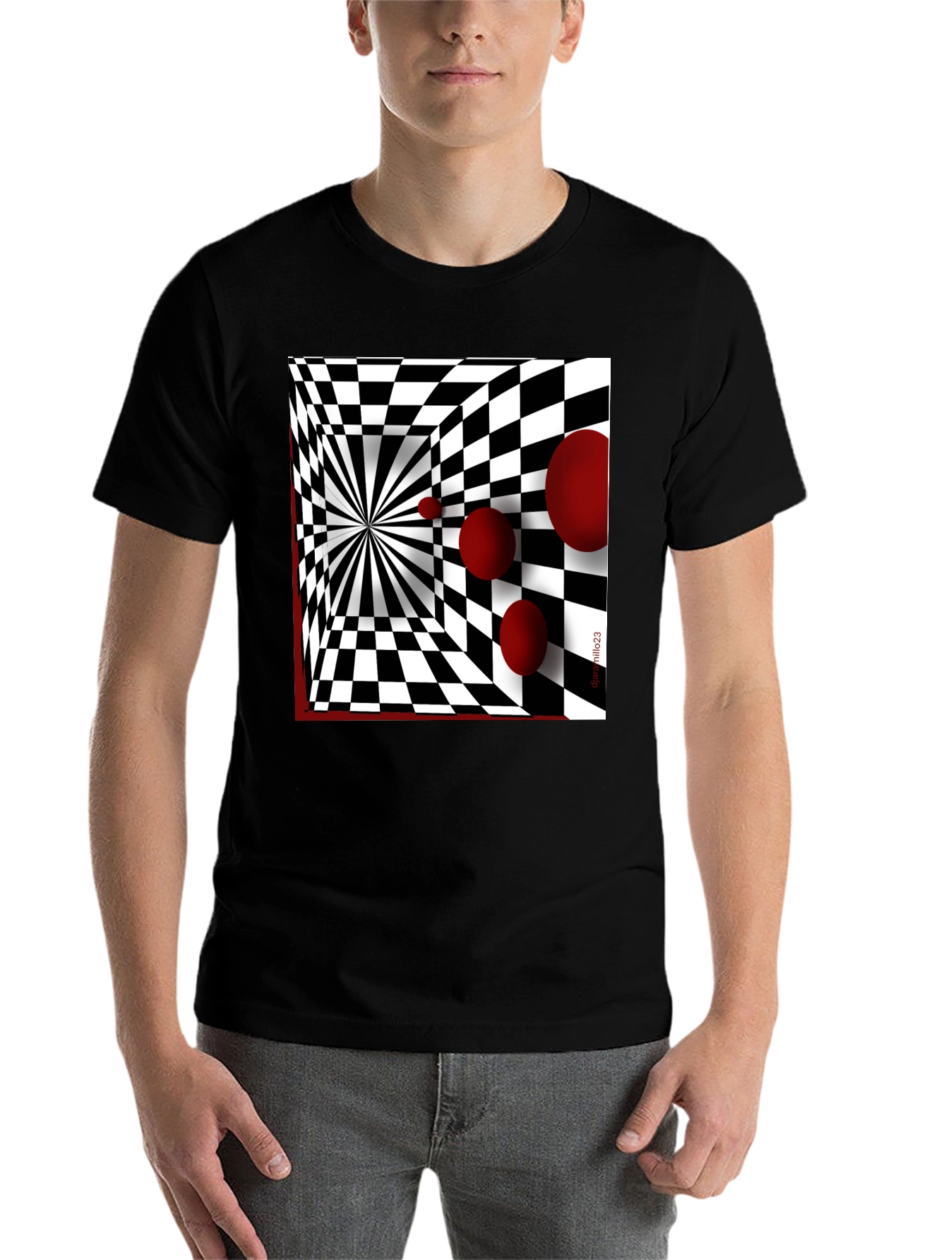 Black Optical Illusion Red Orb Black T-Shirt view 7