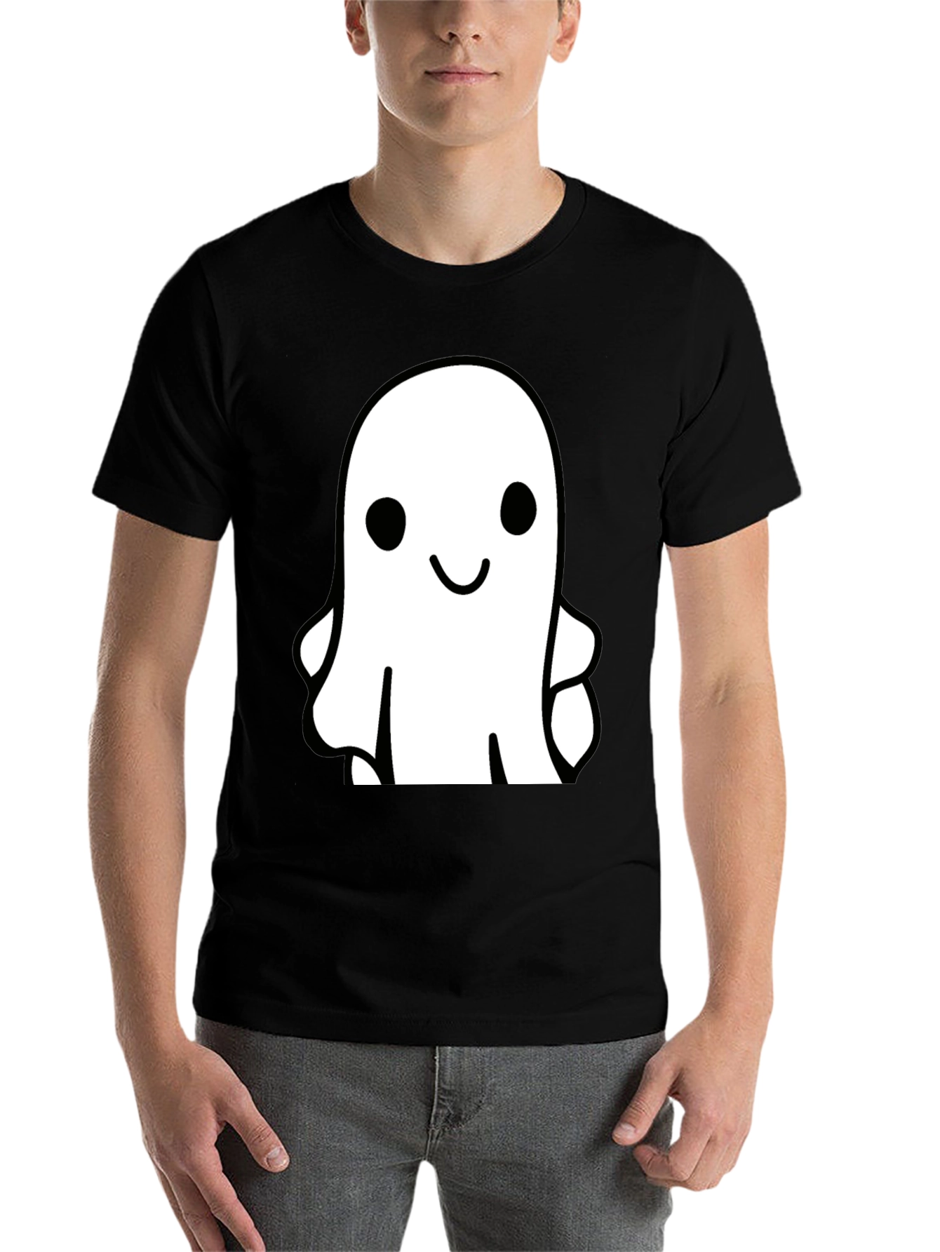 Black Cute Ghost Graphic Tee - Black Cotton T-Shirt view 7