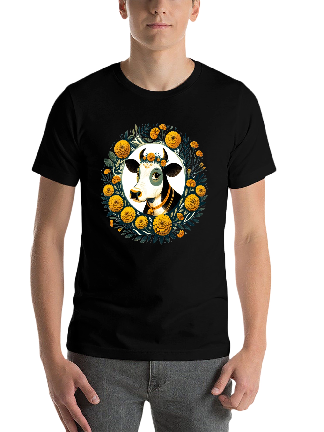 Black Floral Cow Graphic Tee - Black Unisex T-Shirt view 7